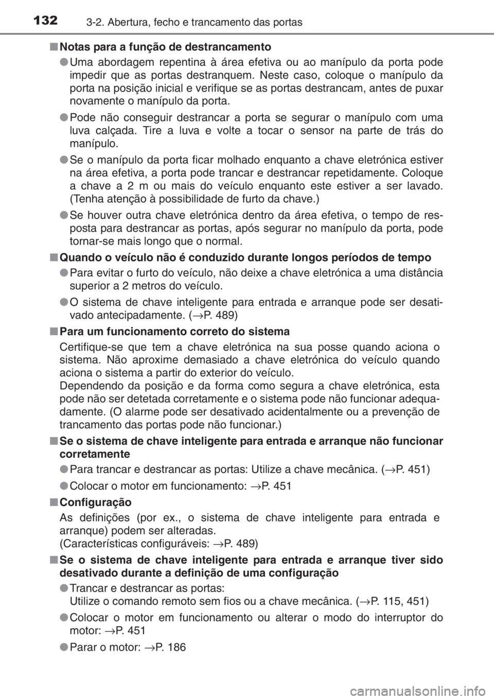 TOYOTA YARIS 2015  Manual de utilização (in Portuguese) 1323-2. Abertura, fecho e trancamento das portas
■Notas para a função de destrancamento
●Uma abordagem repentina à área efetiva ou ao manípulo da porta pode
impedir que as portas destranquem.