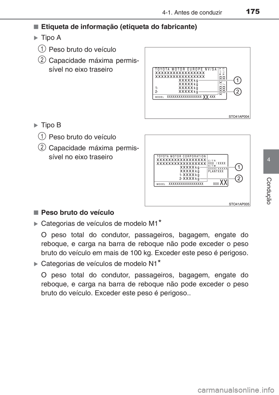 TOYOTA YARIS 2015  Manual de utilização (in Portuguese) 1754-1. Antes de conduzir
4
Condução
■Etiqueta de informação (etiqueta do fabricante)
�XTipo A
Peso bruto do veículo
Capacidade máxima permis-
sível no eixo traseiro
�XTipo B
Peso bruto do ve