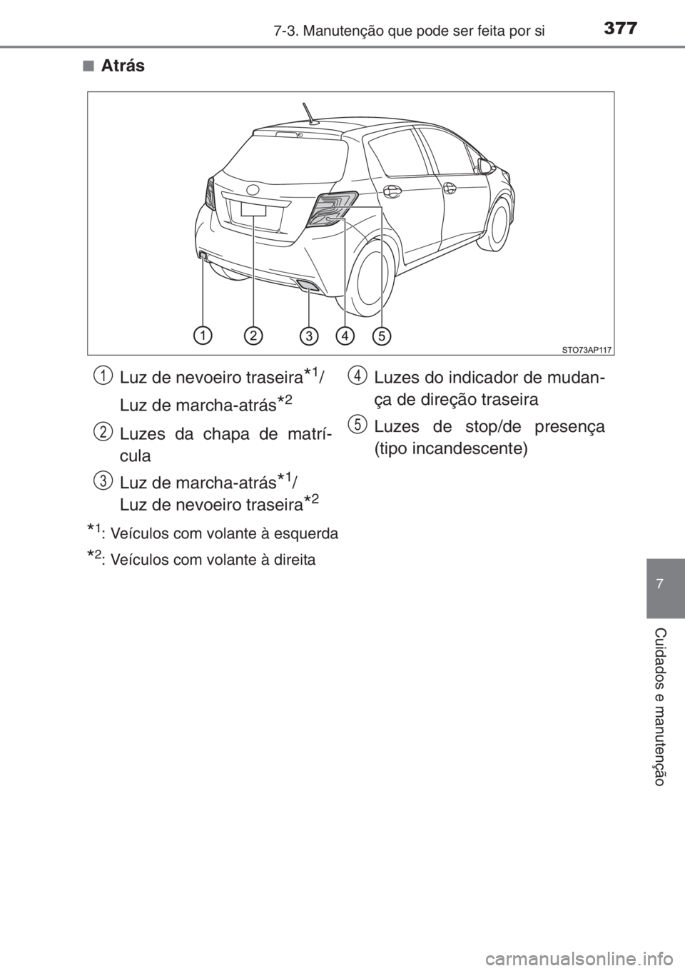 TOYOTA YARIS 2015  Manual de utilização (in Portuguese) 3777-3. Manutenção que pode ser feita por si
7
Cuidados e manutenção
■Atrás
*1: Veículos com volante à esquerda
*2: Veículos com volante à direita
Luz de nevoeiro traseira*1/
Luz de marcha-