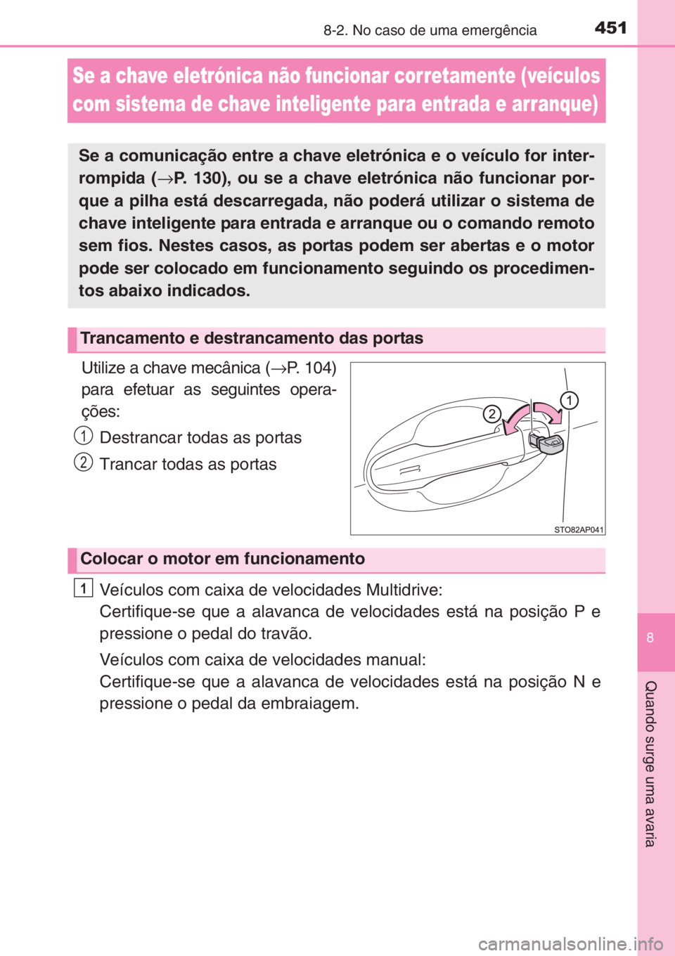 TOYOTA YARIS 2015 Manual de utilização (in Portuguese) 4518-2. No caso de uma emergência
8
Quando surge uma avaria
Se a chave eletrónica não funcionar corretamente (veículos
com sistema de chave inteligente para entrada e arranque)
Utilize a chave me TOYOTA YARIS 2015 Manual de utilização (in Portuguese) 4518-2. No caso de uma emergência
8
Quando surge uma avaria
Se a chave eletrónica não funcionar corretamente (veículos
com sistema de chave inteligente para entrada e arranque)
Utilize a chave me