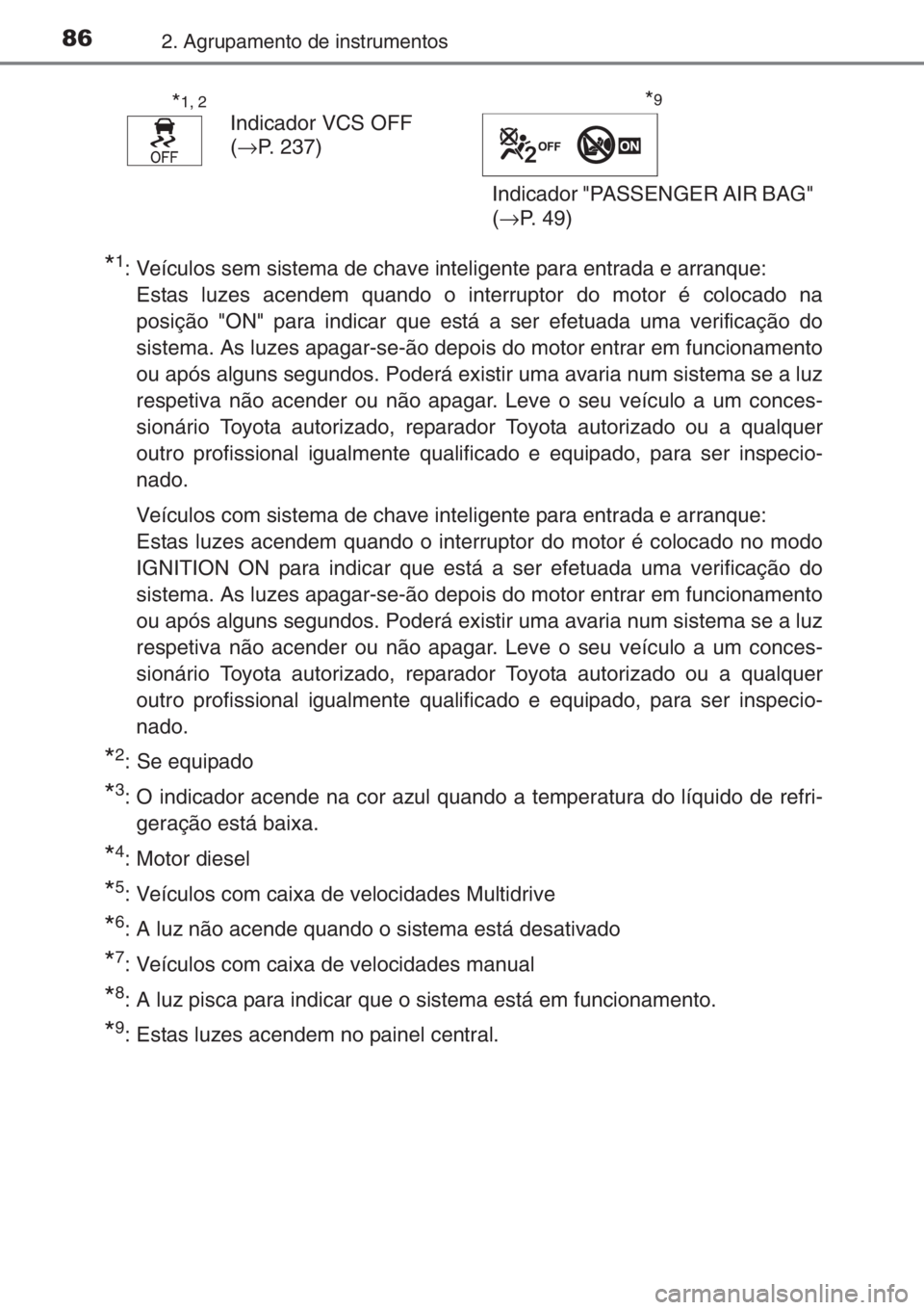 TOYOTA YARIS 2015  Manual de utilização (in Portuguese) 862. Agrupamento de instrumentos
*1: Veículos sem sistema de chave inteligente para entrada e arranque:
Estas luzes acendem quando o interruptor do motor é colocado na
posição "ON" para in