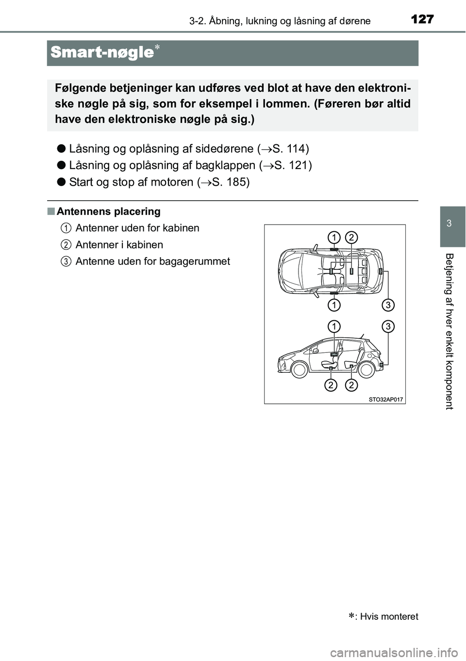 TOYOTA YARIS 2015 Brugsanvisning (in Danish) 127
3
3-2. Åbning, lukning og låsning af dørene
Betjening af hver enkelt komponent
Smart-nøgle∗
●Låsning og oplåsning af sidedørene (→S. 114)
●Låsning og oplåsning af bagklappen (→S TOYOTA YARIS 2015 Brugsanvisning (in Danish) 127
3
3-2. Åbning, lukning og låsning af dørene
Betjening af hver enkelt komponent
Smart-nøgle∗
●Låsning og oplåsning af sidedørene (→S. 114)
●Låsning og oplåsning af bagklappen (→S