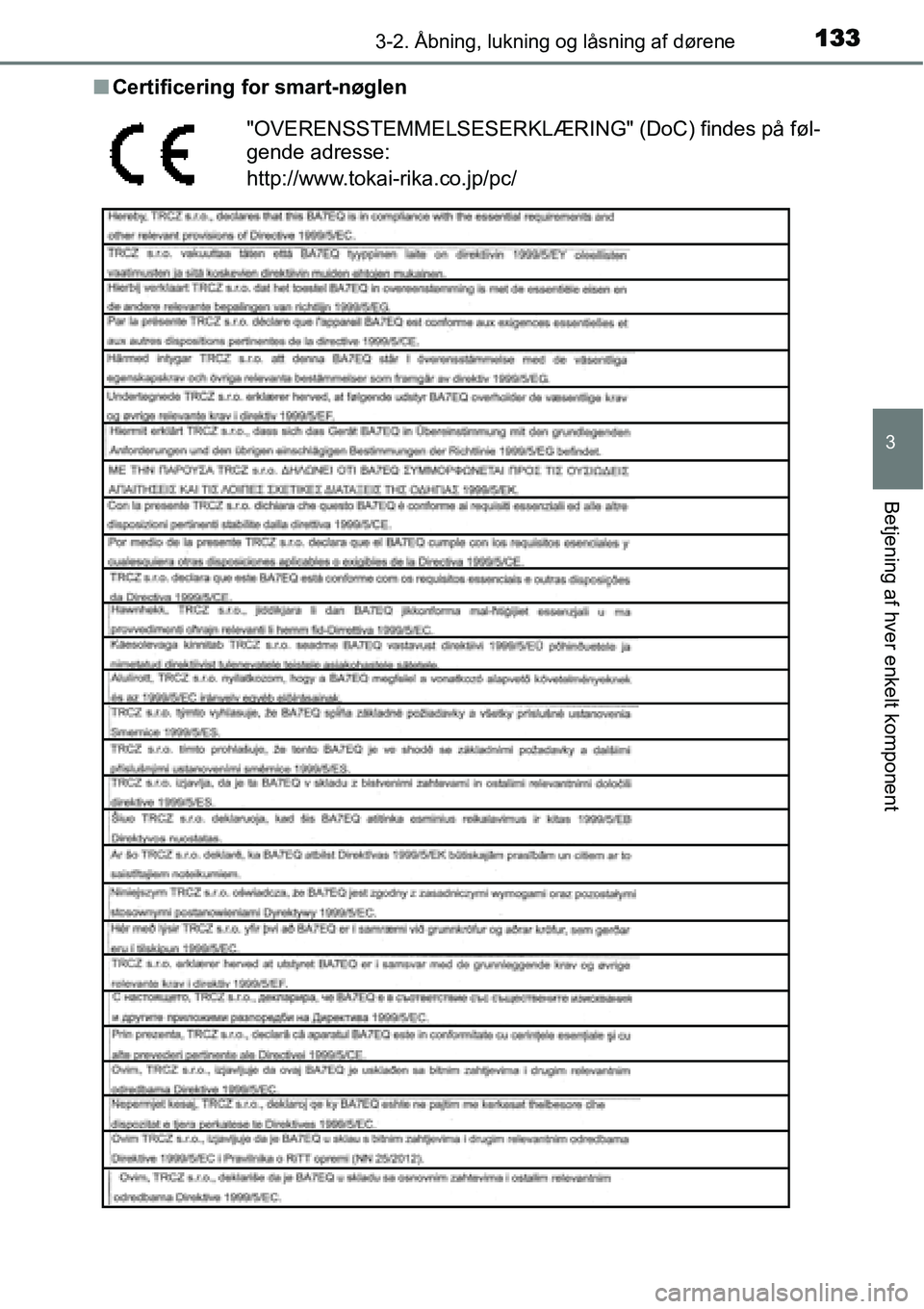 TOYOTA YARIS 2015 Brugsanvisning (in Danish) 1333-2. Åbning, lukning og låsning af dørene
3
Betjening af hver enkelt komponent
■Certificering for smart-nøglen
"OVERENSSTEMMELSESERKLÆRING" (DoC) findes på føl-
gende adresse:
http://www.t TOYOTA YARIS 2015 Brugsanvisning (in Danish) 1333-2. Åbning, lukning og låsning af dørene
3
Betjening af hver enkelt komponent
■Certificering for smart-nøglen
"OVERENSSTEMMELSESERKLÆRING" (DoC) findes på føl-
gende adresse:
http://www.t