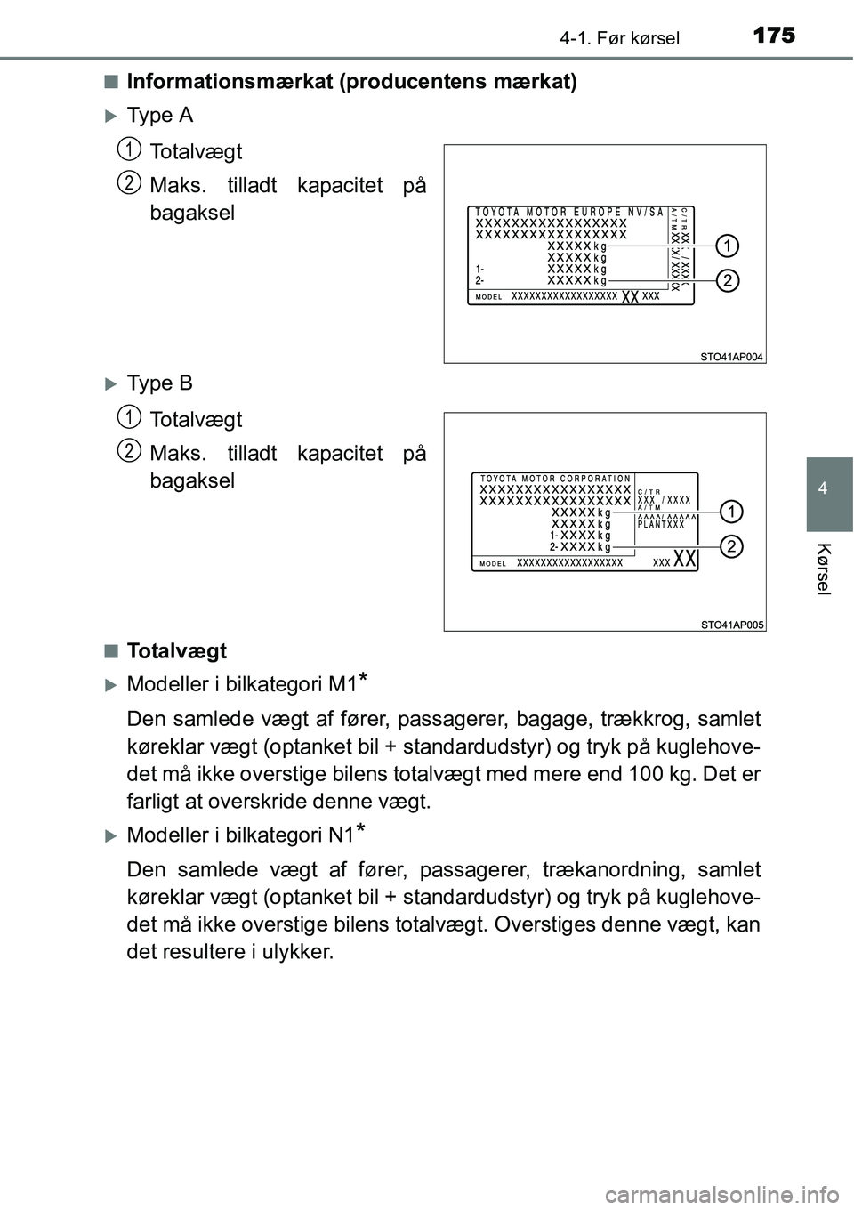 TOYOTA YARIS 2015  Brugsanvisning (in Danish) 1754-1. Før kørsel
4
Kørsel
■Informationsmærkat (producentens mærkat)
�XTy p e  A
To t a l v æ g t
Maks. tilladt kapacitet på
bagaksel
�XTy p e  B
To t a l v æ g t
Maks. tilladt kapacitet p