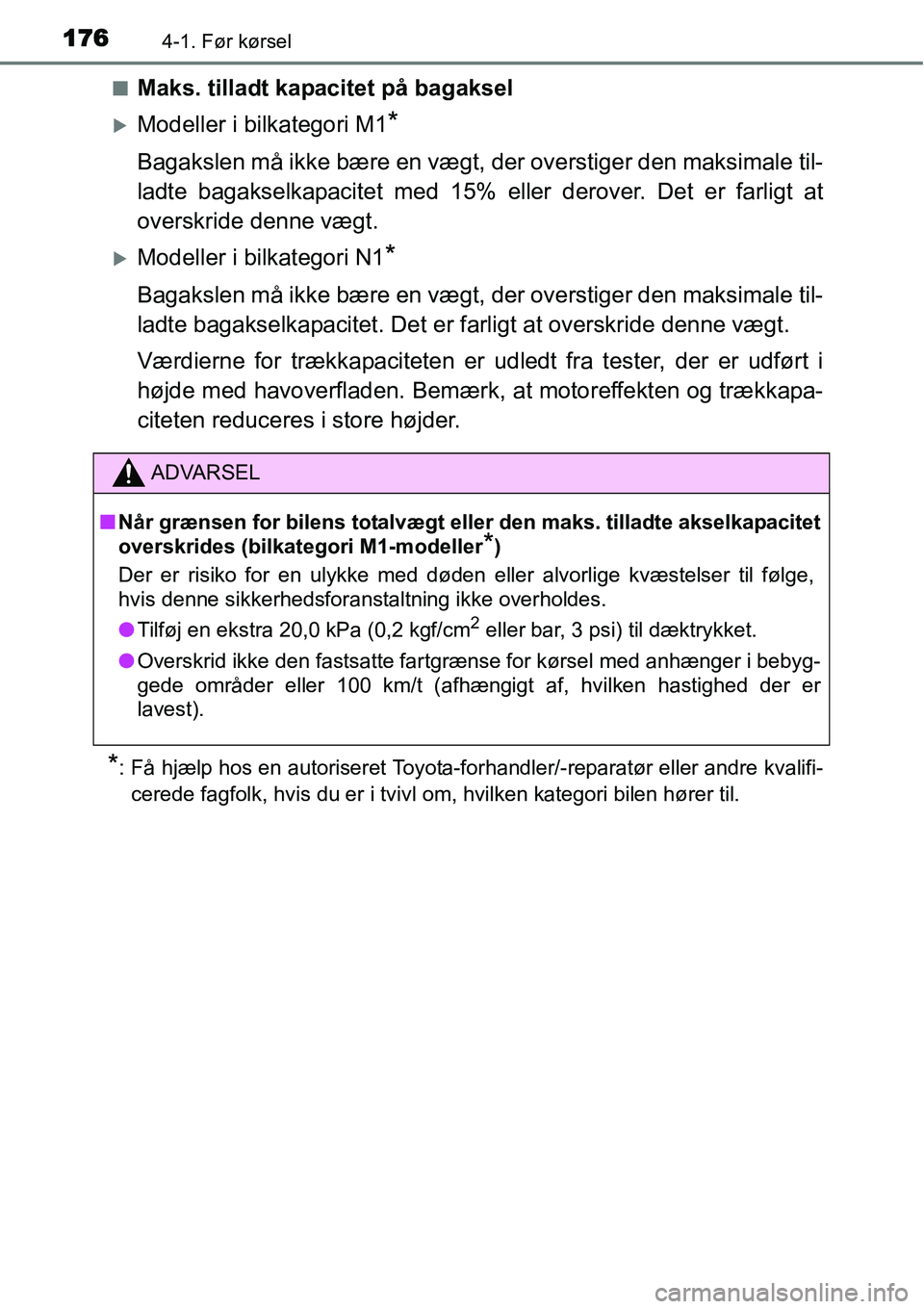 TOYOTA YARIS 2015  Brugsanvisning (in Danish) 1764-1. Før kørsel
■Maks. tilladt kapacitet på bagaksel
�XModeller i bilkategori M1*
Bagakslen må ikke bære en vægt, der overstiger den maksimale til-
ladte bagakselkapacitet med 15% eller der