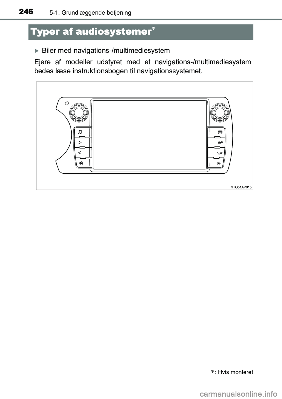 TOYOTA YARIS 2015  Brugsanvisning (in Danish) 2465-1. Grundlæggende betjening
Typer af audiosystemer∗
�XBiler med navigations-/multimediesystem
Ejere af modeller udstyret med et navigations-/multimediesystem
bedes læse instruktionsbogen til n