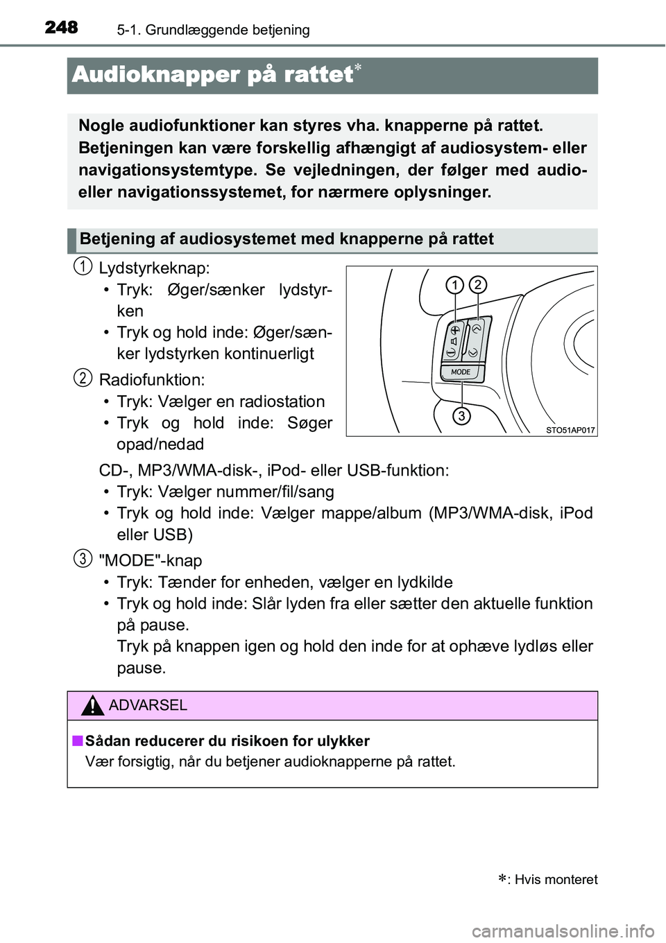 TOYOTA YARIS 2015  Brugsanvisning (in Danish) 2485-1. Grundlæggende betjening
Audioknapper på rattet∗
Lydstyrkeknap:
• Tryk: Øger/sænker lydstyr-
ken
• Tryk og hold inde: Øger/sæn-
ker lydstyrken kontinuerligt
Radiofunktion:
• Tryk: