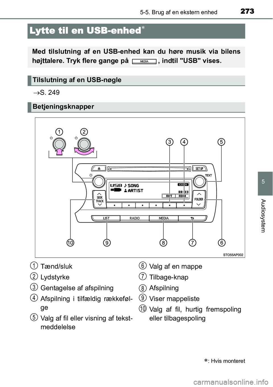 TOYOTA YARIS 2015 Brugsanvisning (in Danish) 273
5
5-5. Brug af en ekstern enhed
Audiosystem
Lytte til en USB-enhed∗
→S. 249
∗: Hvis monteret
Med tilslutning af en USB-enhed kan du høre musik via bilens
højttalere. Tryk flere gange på TOYOTA YARIS 2015 Brugsanvisning (in Danish) 273
5
5-5. Brug af en ekstern enhed
Audiosystem
Lytte til en USB-enhed∗
→S. 249
∗: Hvis monteret
Med tilslutning af en USB-enhed kan du høre musik via bilens
højttalere. Tryk flere gange på