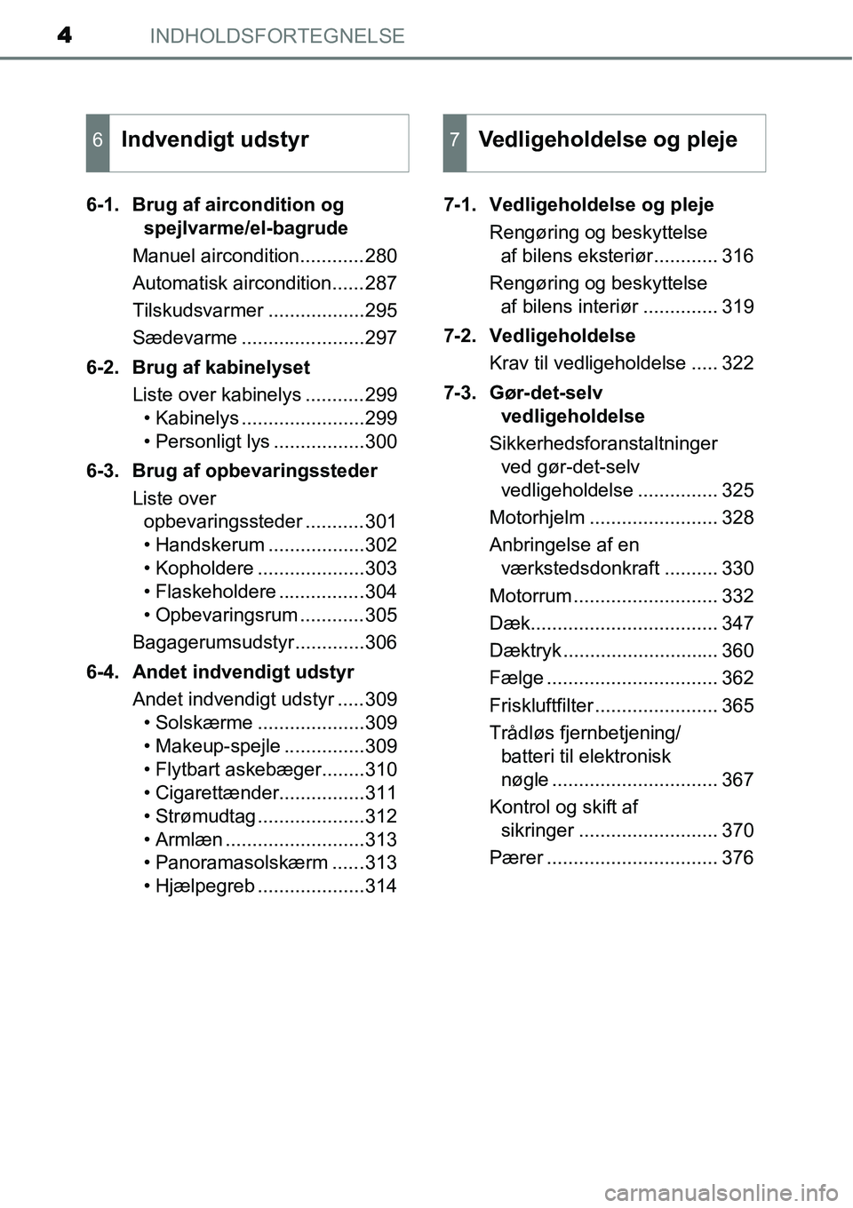 TOYOTA YARIS 2015 Brugsanvisning (in Danish) INDHOLDSFORTEGNELSE4
6-1. Brug af aircondition og
spejlvarme/el-bagrude
Manuel aircondition............280
Automatisk aircondition......287
Tilskudsvarmer ..................295
Sædevarme ........... TOYOTA YARIS 2015 Brugsanvisning (in Danish) INDHOLDSFORTEGNELSE4
6-1. Brug af aircondition og
spejlvarme/el-bagrude
Manuel aircondition............280
Automatisk aircondition......287
Tilskudsvarmer ..................295
Sædevarme ...........