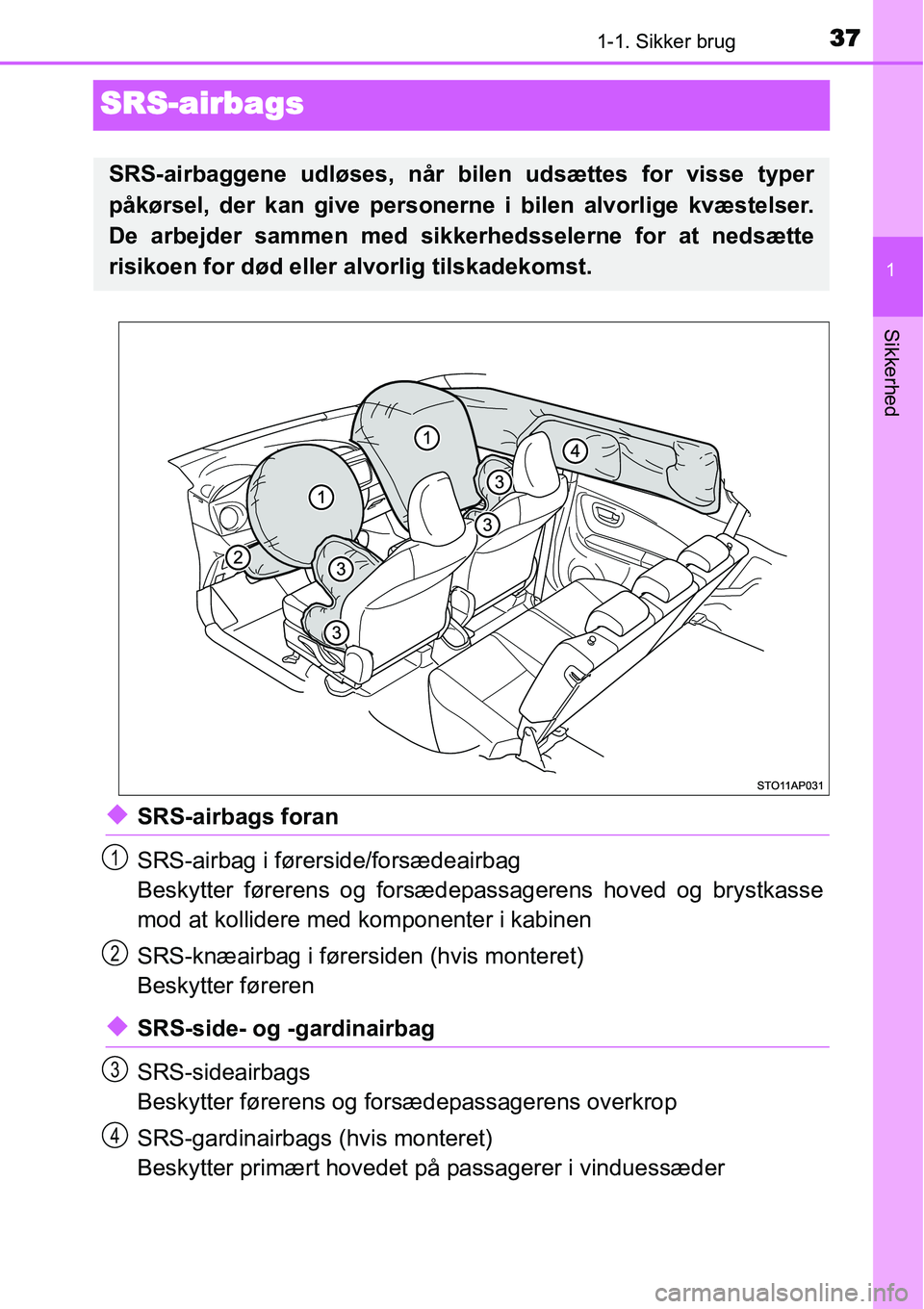 TOYOTA YARIS 2015 Brugsanvisning (in Danish) 371-1. Sikker brug
1
Sikkerhed
SRS-airbags
◆SRS-airbags foran
SRS-airbag i førerside/forsædeairbag
Beskytter førerens og forsædepassagerens hoved og brystkasse
mod at kollidere med komponenter i TOYOTA YARIS 2015 Brugsanvisning (in Danish) 371-1. Sikker brug
1
Sikkerhed
SRS-airbags
◆SRS-airbags foran
SRS-airbag i førerside/forsædeairbag
Beskytter førerens og forsædepassagerens hoved og brystkasse
mod at kollidere med komponenter i
