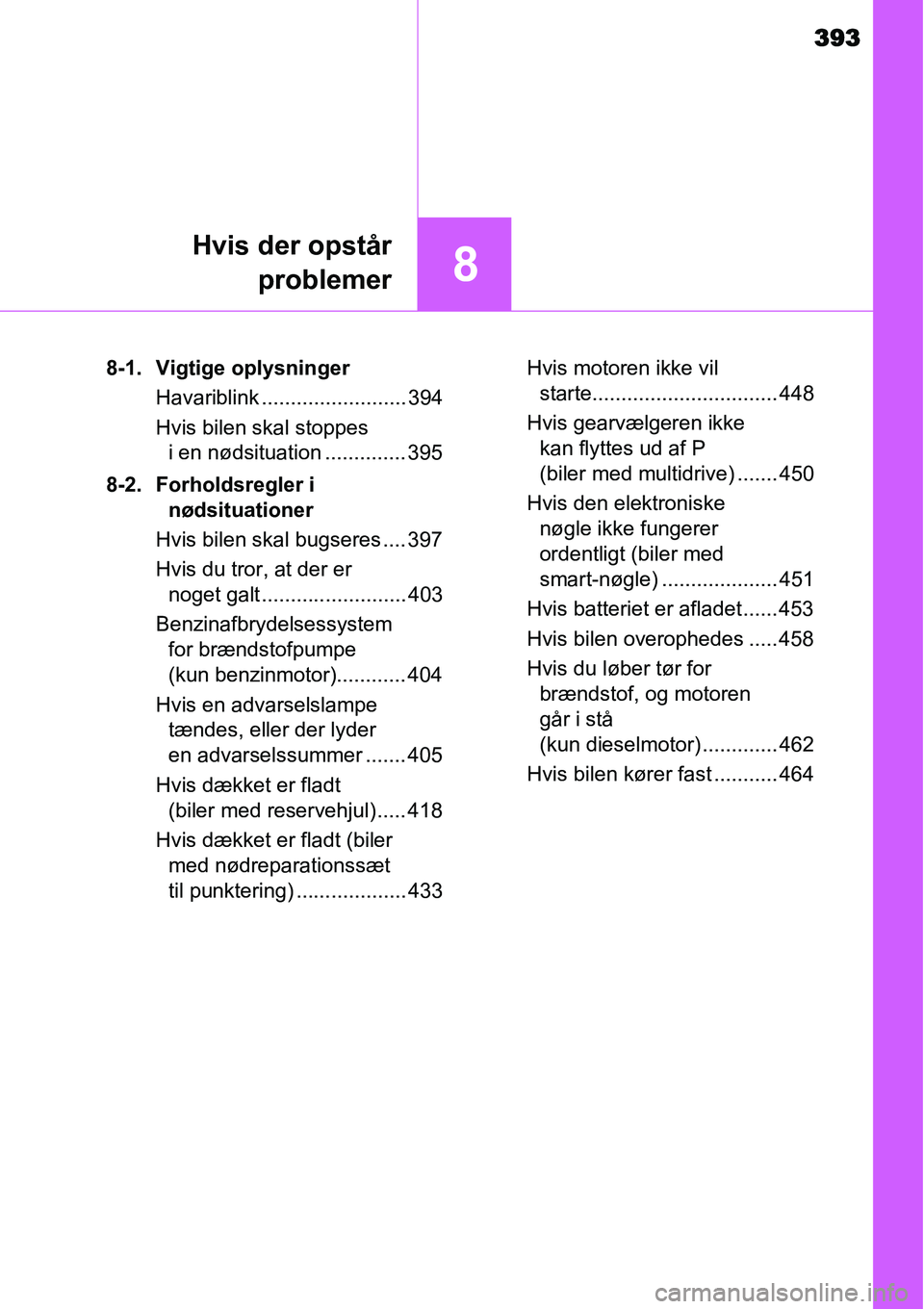 TOYOTA YARIS 2015 Brugsanvisning (in Danish) 393
8
Hvis der opstår
problemer
8-1. Vigtige oplysninger
Havariblink ......................... 394
Hvis bilen skal stoppes
i en nødsituation .............. 395
8-2. Forholdsregler i
nødsituatione TOYOTA YARIS 2015 Brugsanvisning (in Danish) 393
8
Hvis der opstår
problemer
8-1. Vigtige oplysninger
Havariblink ......................... 394
Hvis bilen skal stoppes
i en nødsituation .............. 395
8-2. Forholdsregler i
nødsituatione
