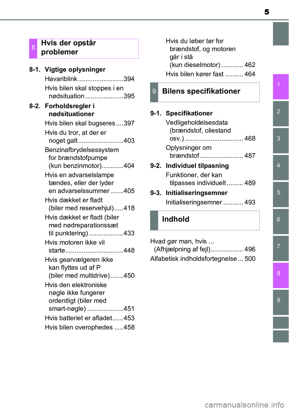 TOYOTA YARIS 2015  Brugsanvisning (in Danish) 5
1
7
8 6 5
4
3
2
9
8-1. Vigtige oplysninger
Havariblink .........................394
Hvis bilen skal stoppes i en 
nødsituation .....................395
8-2. Forholdsregler i 
nødsituationer
Hvis b