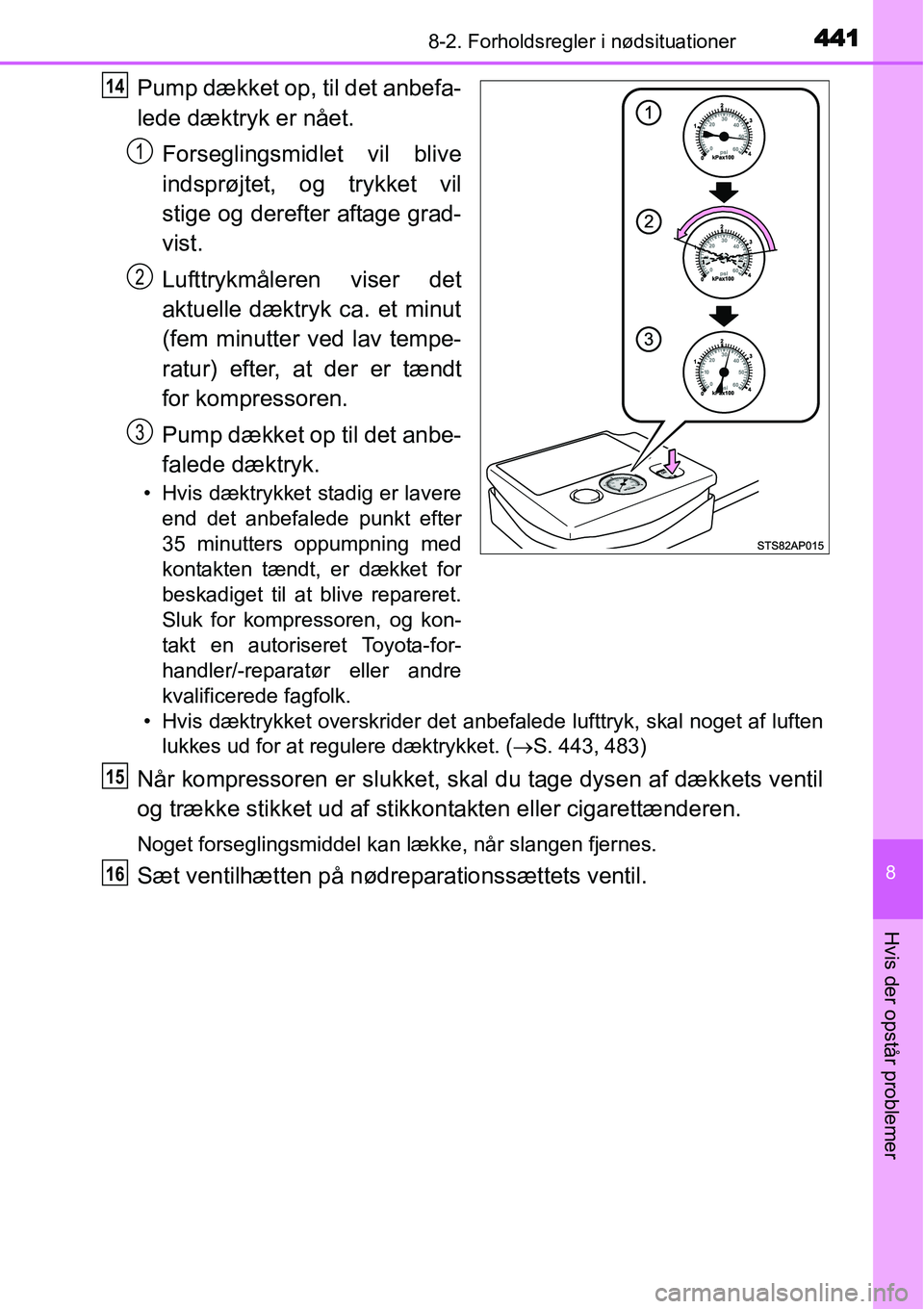 TOYOTA YARIS 2015 Brugsanvisning (in Danish) 4418-2. Forholdsregler i nødsituationer
8
Hvis der opstår problemer
Pump dækket op, til det anbefa-
lede dæktryk er nået.
Forseglingsmidlet vil blive
indsprøjtet, og trykket vil
stige og derefte TOYOTA YARIS 2015 Brugsanvisning (in Danish) 4418-2. Forholdsregler i nødsituationer
8
Hvis der opstår problemer
Pump dækket op, til det anbefa-
lede dæktryk er nået.
Forseglingsmidlet vil blive
indsprøjtet, og trykket vil
stige og derefte