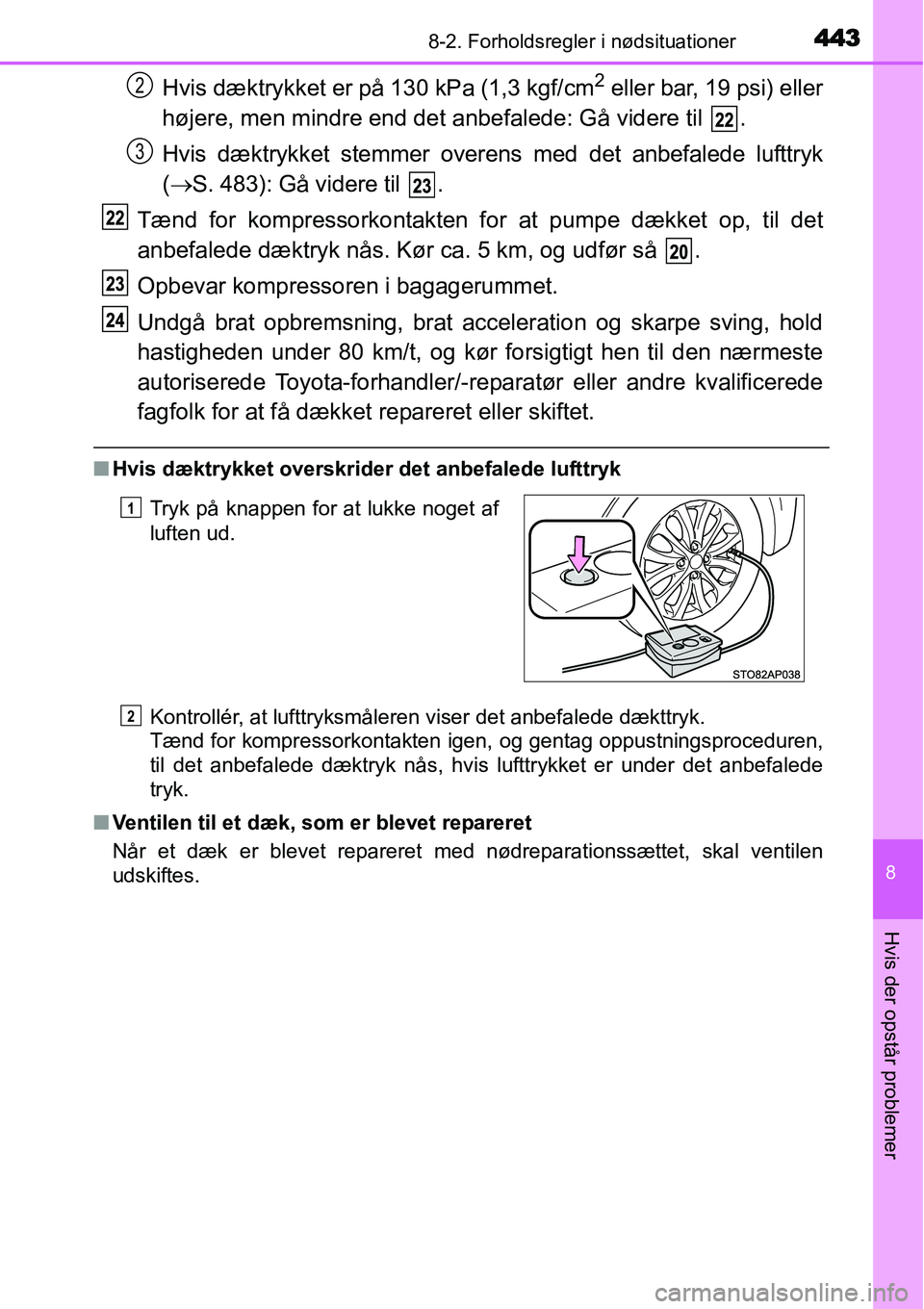 TOYOTA YARIS 2015 Brugsanvisning (in Danish) 4438-2. Forholdsregler i nødsituationer
8
Hvis der opstår problemer
Hvis dæktrykket er på 130 kPa (1,3 kgf/cm2 eller bar, 19 psi) eller
højere, men mindre end det anbefalede: Gå videre til .
Hv TOYOTA YARIS 2015 Brugsanvisning (in Danish) 4438-2. Forholdsregler i nødsituationer
8
Hvis der opstår problemer
Hvis dæktrykket er på 130 kPa (1,3 kgf/cm2 eller bar, 19 psi) eller
højere, men mindre end det anbefalede: Gå videre til .
Hv