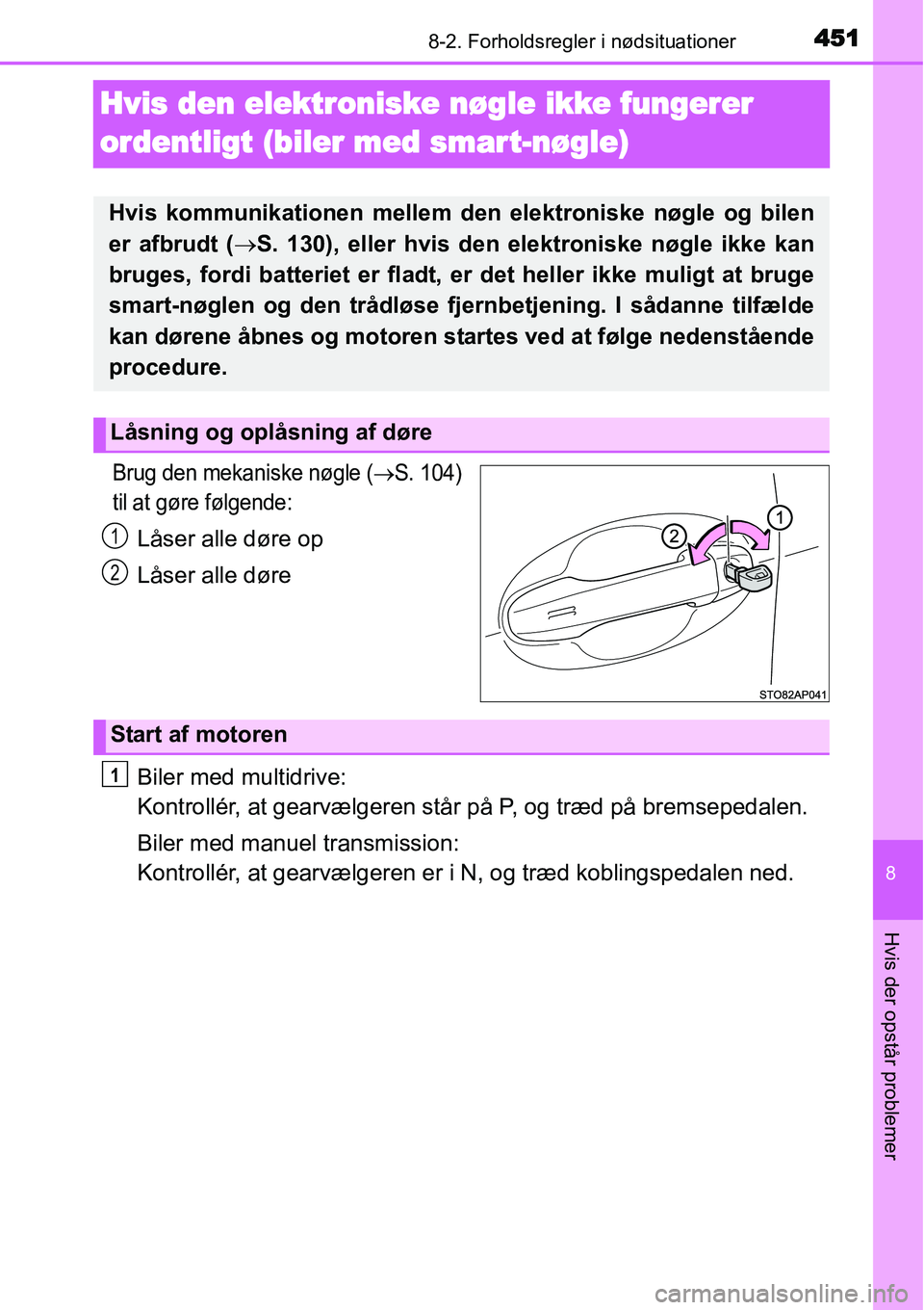 TOYOTA YARIS 2015 Brugsanvisning (in Danish) 4518-2. Forholdsregler i nødsituationer
8
Hvis der opstår problemer
Hvis den elektroniske nøgle ikke fungerer
ordentligt (biler med smar t-nøgle)
Brug den mekaniske nøgle (→S. 104)
til at gør TOYOTA YARIS 2015 Brugsanvisning (in Danish) 4518-2. Forholdsregler i nødsituationer
8
Hvis der opstår problemer
Hvis den elektroniske nøgle ikke fungerer
ordentligt (biler med smar t-nøgle)
Brug den mekaniske nøgle (→S. 104)
til at gør