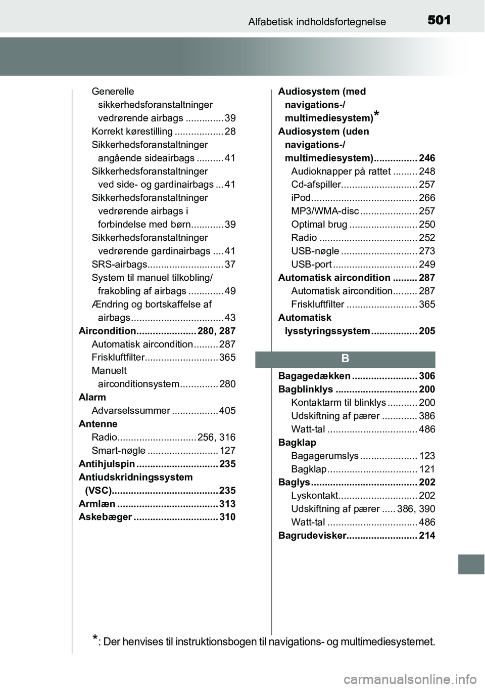 TOYOTA YARIS 2015 Brugsanvisning (in Danish) 501Alfabetisk indholdsfortegnelse
Generelle
sikkerhedsforanstaltninger
vedrørende airbags .............. 39
Korrekt kørestilling .................. 28
Sikkerhedsforanstaltninger
angående sideair TOYOTA YARIS 2015 Brugsanvisning (in Danish) 501Alfabetisk indholdsfortegnelse
Generelle
sikkerhedsforanstaltninger
vedrørende airbags .............. 39
Korrekt kørestilling .................. 28
Sikkerhedsforanstaltninger
angående sideair