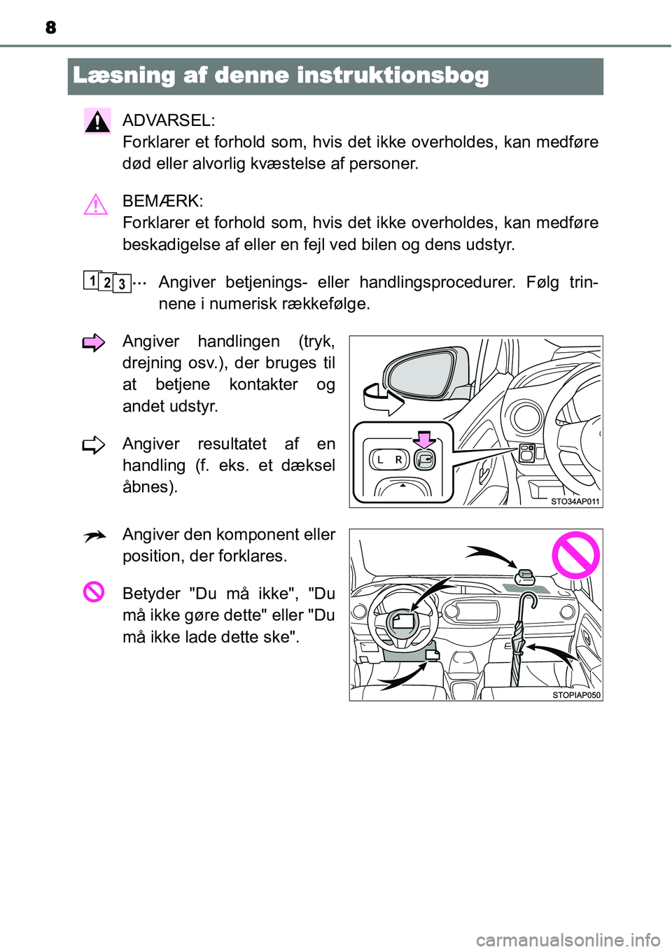 TOYOTA YARIS 2015  Brugsanvisning (in Danish) 8
Læsning af denne instruktionsbog
ADVARSEL: 
Forklarer et forhold som, hvis det ikke overholdes, kan medføre
død eller alvorlig kvæstelse af personer.
BEMÆRK: 
Forklarer et forhold som, hvis det