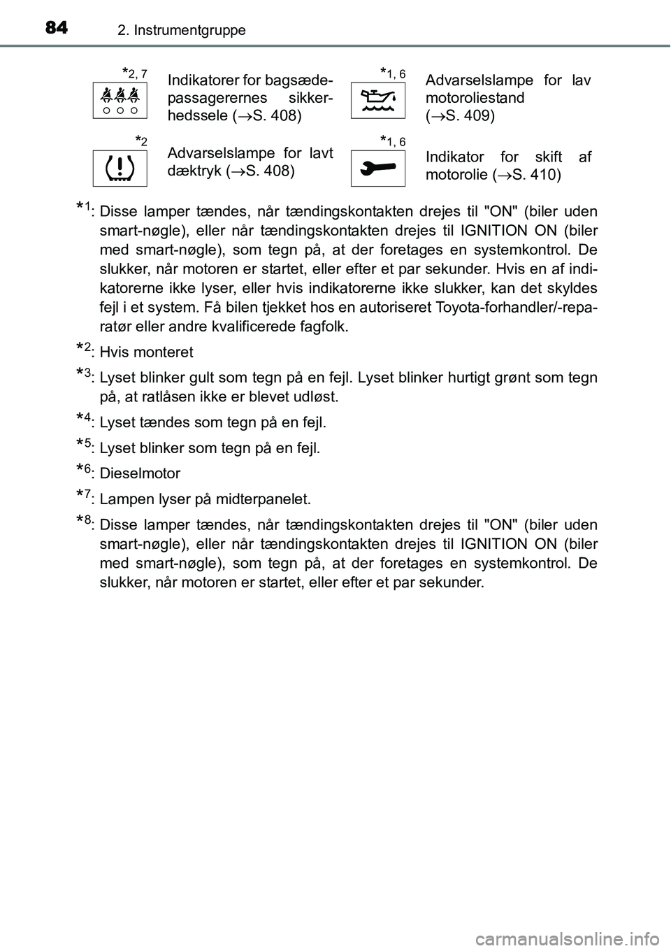 TOYOTA YARIS 2015 Brugsanvisning (in Danish) 842. Instrumentgruppe
*1: Disse lamper tændes, når tændingskontakten drejes til "ON" (biler uden
smart-nøgle), eller når tændingskontakten drejes til IGNITION ON (biler
med smart-nøgle), som te TOYOTA YARIS 2015 Brugsanvisning (in Danish) 842. Instrumentgruppe
*1: Disse lamper tændes, når tændingskontakten drejes til "ON" (biler uden
smart-nøgle), eller når tændingskontakten drejes til IGNITION ON (biler
med smart-nøgle), som te