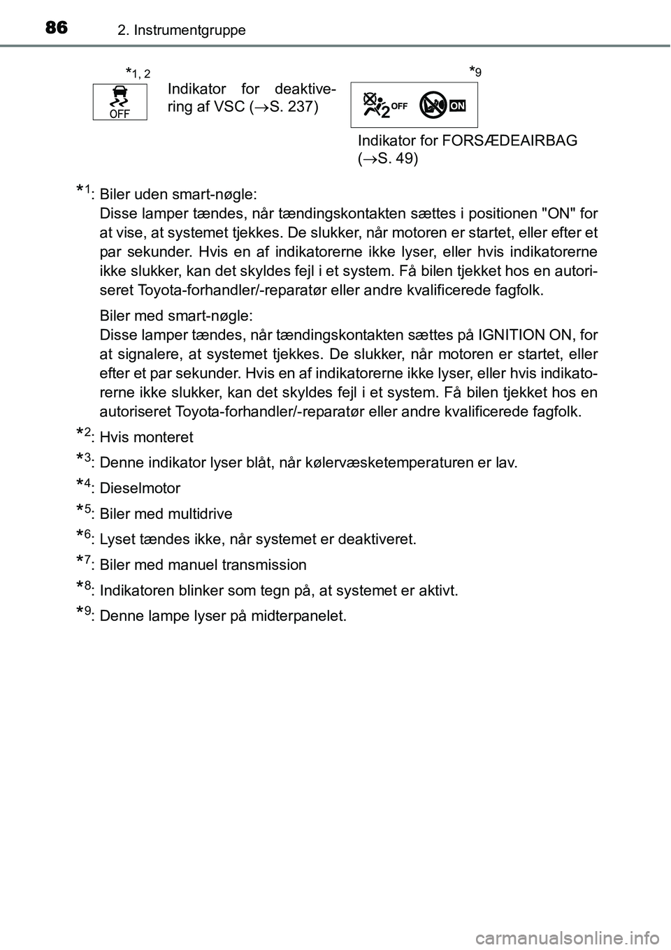TOYOTA YARIS 2015 Brugsanvisning (in Danish) 862. Instrumentgruppe
*1: Biler uden smart-nøgle:
Disse lamper tændes, når tændingskontakten sættes i positionen "ON" for
at vise, at systemet tjekkes. De slukker, når motoren er startet, eller TOYOTA YARIS 2015 Brugsanvisning (in Danish) 862. Instrumentgruppe
*1: Biler uden smart-nøgle:
Disse lamper tændes, når tændingskontakten sættes i positionen "ON" for
at vise, at systemet tjekkes. De slukker, når motoren er startet, eller