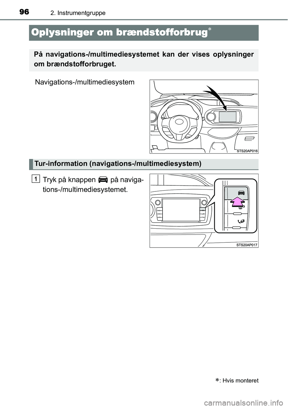 TOYOTA YARIS 2015  Brugsanvisning (in Danish) 962. Instrumentgruppe
Oplysninger om brændstofforbrug∗
Navigations-/multimediesystem
Tryk på knappen   på naviga-
tions-/multimediesystemet.
∗: Hvis monteret
På navigations-/multimediesystemet