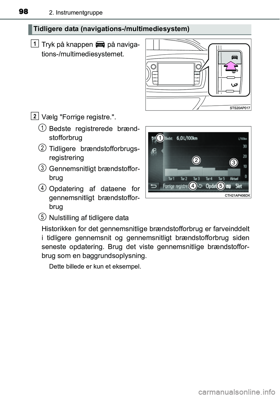 TOYOTA YARIS 2015  Brugsanvisning (in Danish) 982. Instrumentgruppe
Tryk på knappen   på naviga-
tions-/multimediesystemet.
Vælg "Forrige registre.".
Bedste registrerede brænd-
stofforbrug
Tidligere brændstofforbrugs-
registrering
Gennemsnit