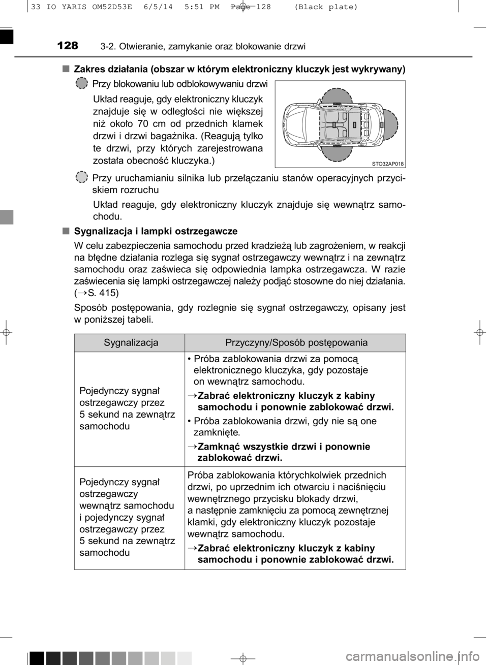 TOYOTA YARIS 2015  Instrukcja obsługi (in Polish) Zakres dzia∏ania (obszar w którym elektroniczny kluczyk jest wykrywany)
Przy blokowaniu lub odblokowywaniu drzwi
Uk∏ad reaguje, gdy elektroniczny kluczyk
znajduje  si´  w odleg∏oÊci  nie  wi
