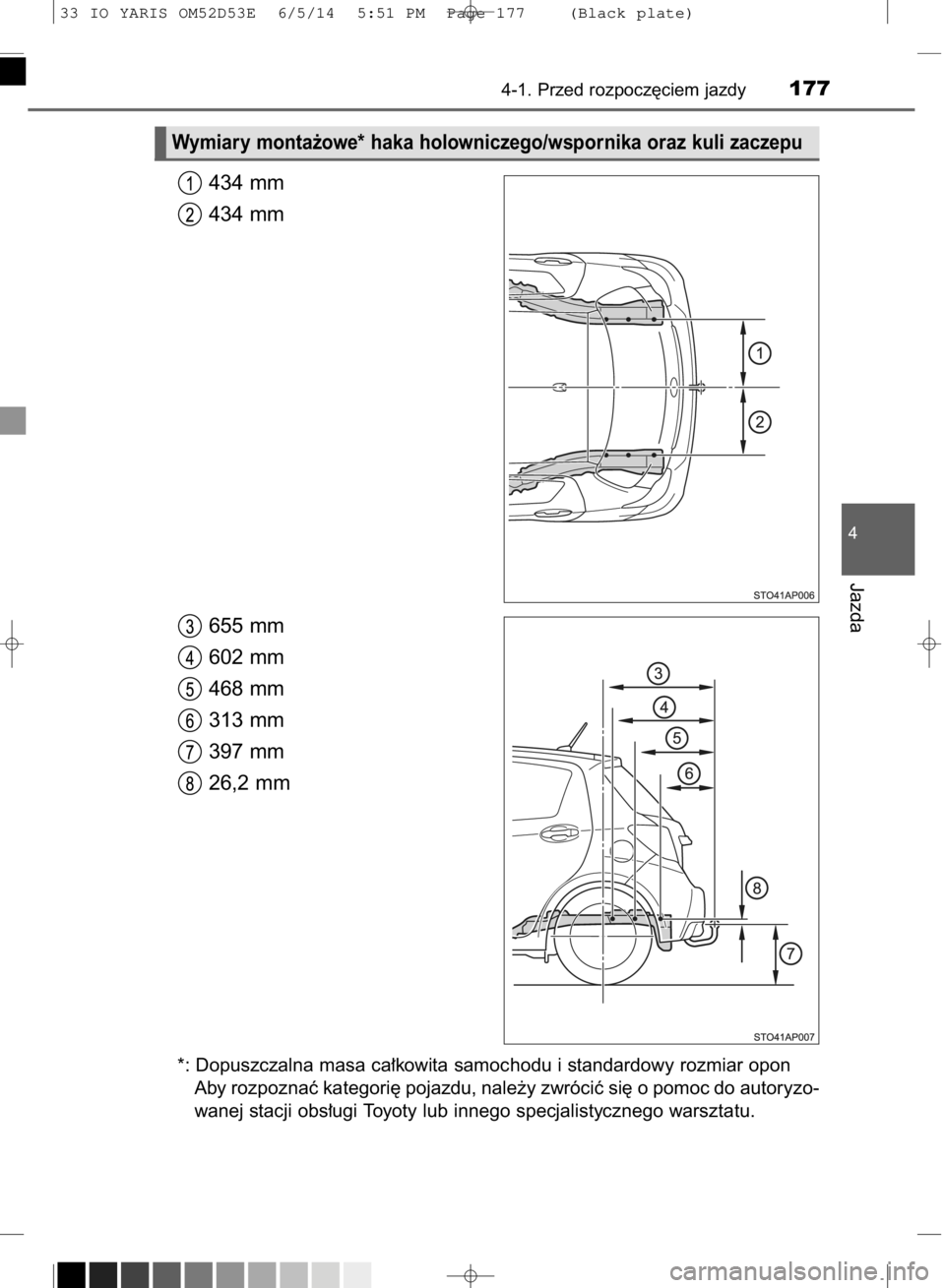 TOYOTA YARIS 2015  Instrukcja obsługi (in Polish) 434 mm
434 mm
655 mm
602 mm
468 mm
313 mm
397 mm
26,2 mm
*: Dopuszczalna masa ca∏kowita samochodu i standardowy rozmiar opon
Aby rozpoznaç kategori´ pojazdu, nale˝y zwróciç si´ o pomoc do auto