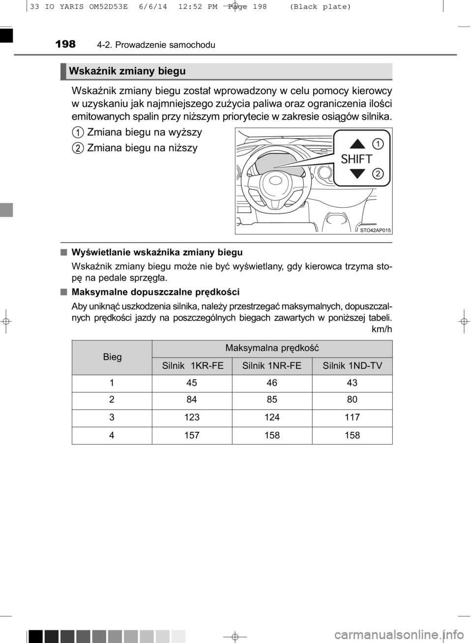 TOYOTA YARIS 2015  Instrukcja obsługi (in Polish) Wskaênik zmiany biegu zosta∏ wprowadzony w celu pomocy kierowcy
w uzyskaniu jak najmniejszego zu˝ycia paliwa oraz ograniczenia iloÊci
emitowanych spalin przy ni˝szym priorytecie w zakresie osià
