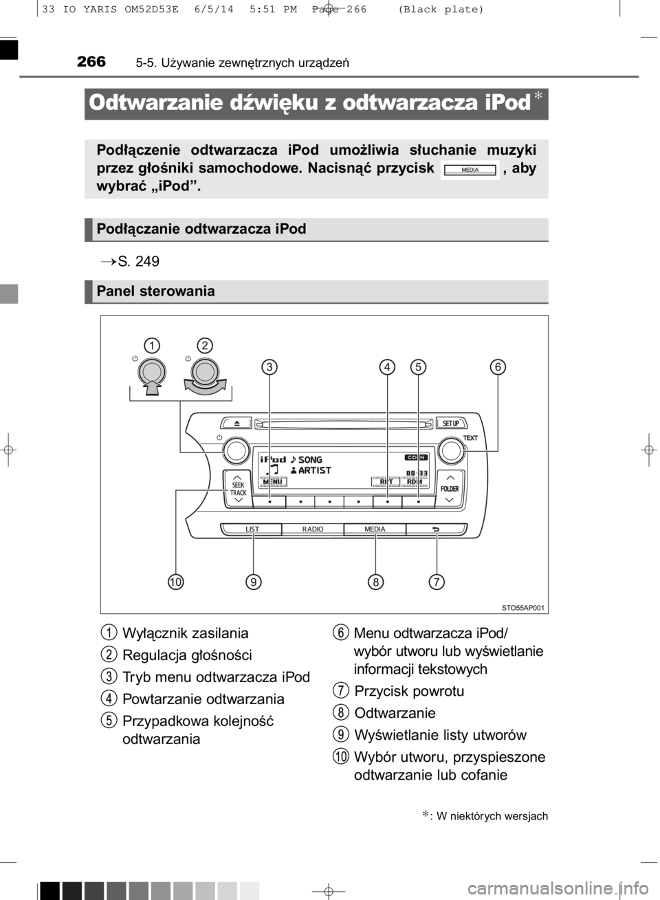 TOYOTA YARIS 2015  Instrukcja obsługi (in Polish) S. 249
2665-5. U˝ywanie zewn´trznych urzàdzeƒ
Odtwarzanie dêwi´ku z odtwarzacza iPod✻
Pod∏àczenie  odtwarzacza  iPod  umo˝liwia  s∏uchanie  muzyki
przez  g∏oÊniki  samochodowe.  Naci