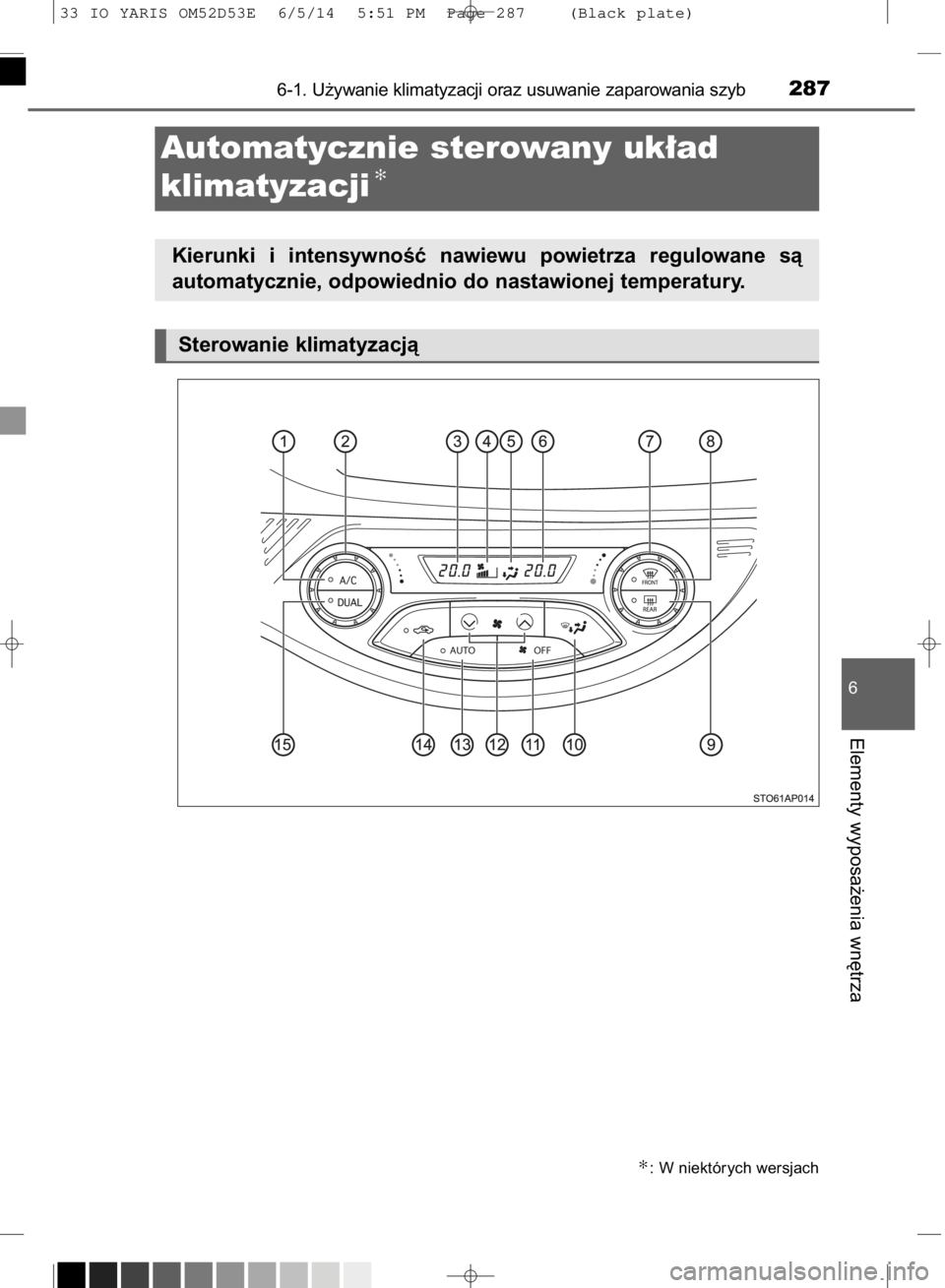 TOYOTA YARIS 2015  Instrukcja obsługi (in Polish) 6-1. U˝ywanie klimatyzacji oraz usuwanie zaparowania szyb287
6
Elementy wyposa˝enia wn´trza
Automatycznie sterowany uk∏ad 
klimatyzacji
✻
Kierunki  i intensywnoÊç  nawiewu  powietrza  regulow