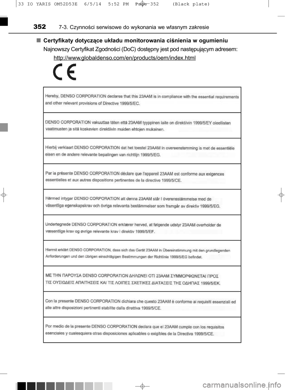 TOYOTA YARIS 2015  Instrukcja obsługi (in Polish) Certyfikaty dotyczàce uk∏adu monitorowania ciÊnienia w ogumieniu
Najnowszy Cer tyfikat ZgodnoÊci (DoC) dost´pny jest pod nast´pujàcym adresem:
http://www
.globaldenso.com/en/products/oem/index