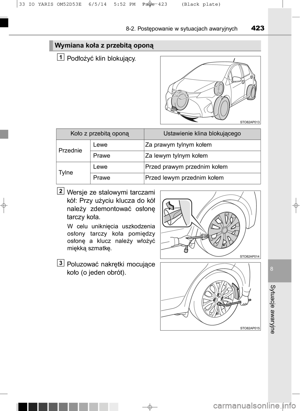TOYOTA YARIS 2015  Instrukcja obsługi (in Polish) Pod∏o˝yç klin blokujàcy.
Wersje  ze  stalowymi  tarczami
kó∏:  Przy  u˝yciu  klucza  do  kó∏
nale˝y  zdemontowaç  os∏on´
tarczy ko∏a.
W celu  unikni´cia  uszkodzenia
os∏ony  tarc