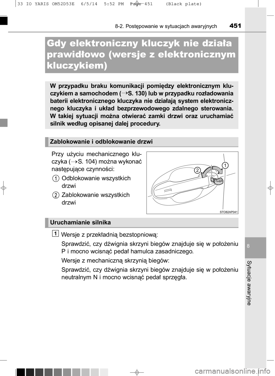 TOYOTA YARIS 2015  Instrukcja obsługi (in Polish) Przy  u˝yciu  mechanicznego  klu-
czyka (
S. 104) mo˝na wykonaç
nast´pujàce czynnoÊci:
Odblokowanie wszystkich
drzwi
Zablokowanie wszystkich
drzwi
Wersje z przek∏adnià bezstopniowà:
Sprawdz