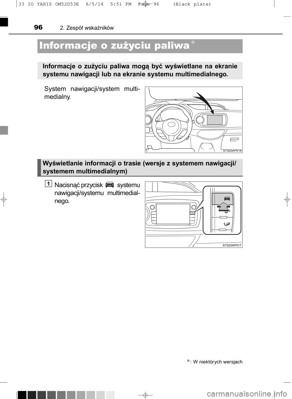 TOYOTA YARIS 2015  Instrukcja obsługi (in Polish) System  nawigacji/system  multi-
medialny.
Nacisnàç przycisk  systemu
nawigacji/systemu  multimedial-
nego.
1
962. Zespó∏ wskaêników
Informacje o zu˝yciu paliwa✻
Informacje  o zu˝yciu  pali