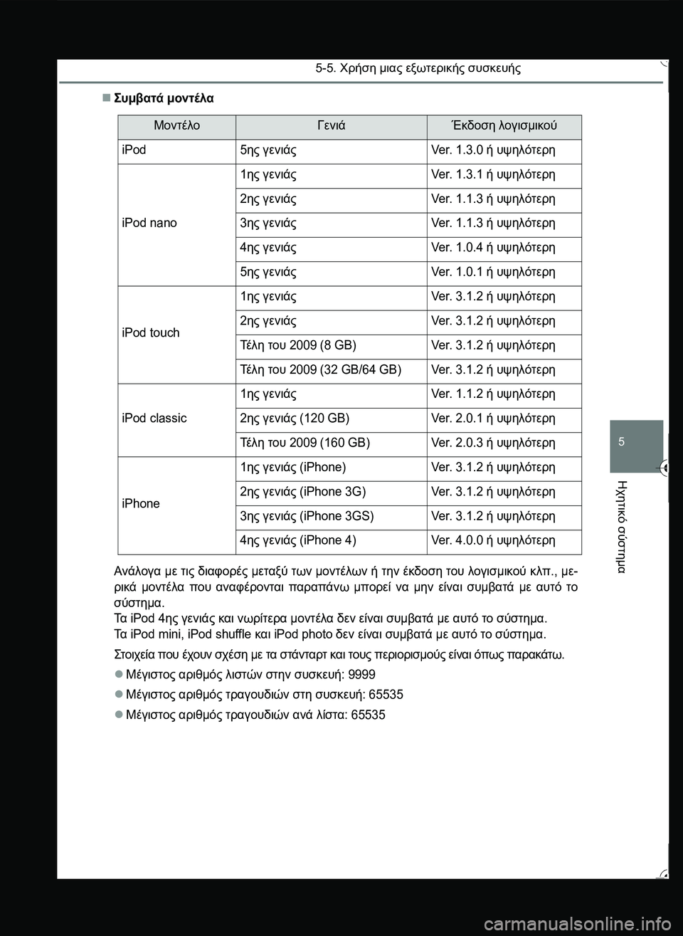 TOYOTA YARIS 2015  ΟΔΗΓΌΣ ΧΡΉΣΗΣ (in Greek) 5-5. Χρήση μιας εξωτερικής συσκευής
5
Ηχητικό
 σύστημα
\b#.2 μοντέλα
Ανάλογα με τις διαφορές μεταξύ των μον