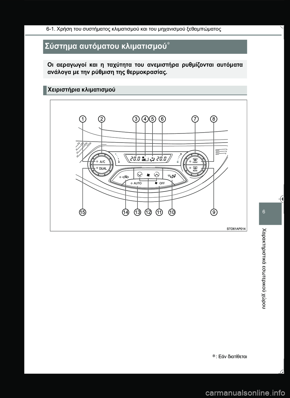 TOYOTA YARIS 2015  ΟΔΗΓΌΣ ΧΡΉΣΗΣ (in Greek) 6-1. Χρήση του συστήματος κλιματισμού και του μηχανισμού ξεθαμπώματος
6
Χαρακτηριστικά
 εσωτερικού
 χώρου
\b*1