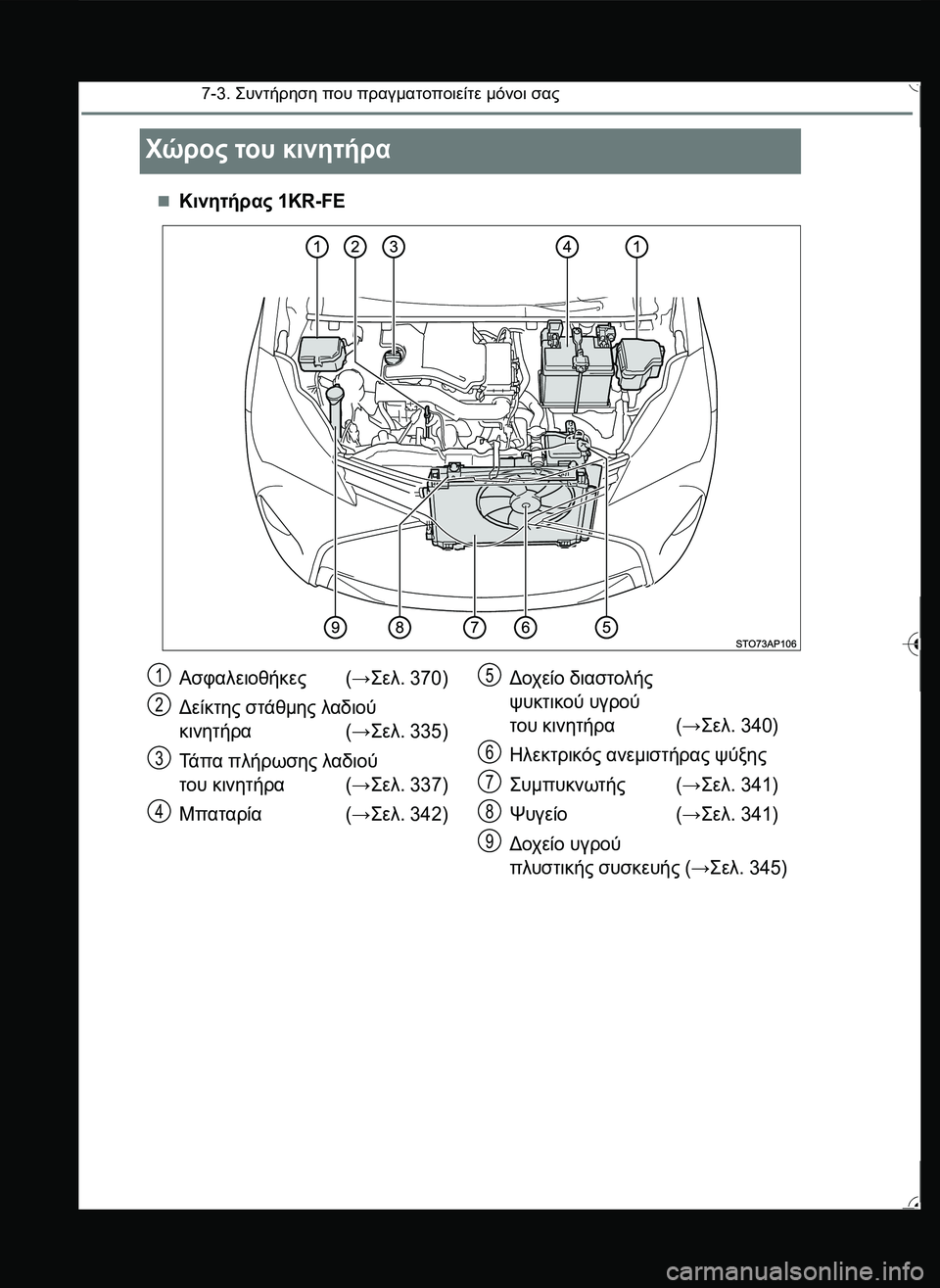 TOYOTA YARIS 2015  ΟΔΗΓΌΣ ΧΡΉΣΗΣ (in Greek) 7-3. \b#2!1 που πραγματοποιείτε μόνοι σας
Χώρος του κινητήρα
Κινητήρας 1KR-FE
Ασφαλειοθήκες(→\b0. 370)
Δείκτ