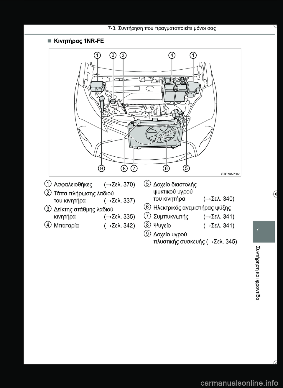 TOYOTA YARIS 2015  ΟΔΗΓΌΣ ΧΡΉΣΗΣ (in Greek) 7-3. \b#2!1 που πραγματοποιείτε μόνοι σας
7
\b#2!1
 και
 φροντίδα
Κινητήρας 1NR-FE
Ασφαλειοθήκες(→\b0. 370