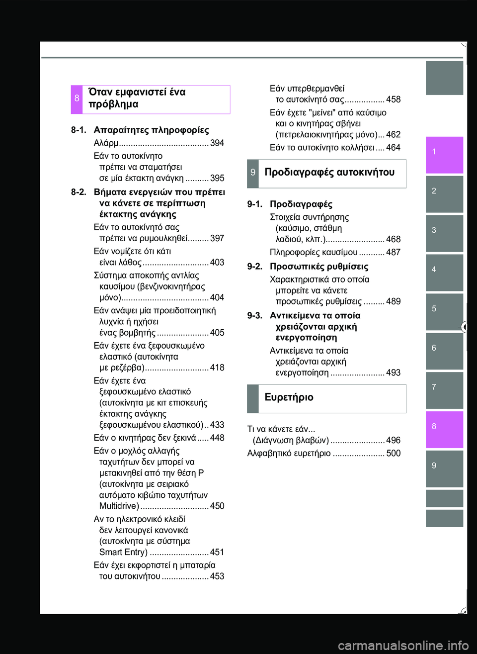 TOYOTA YARIS 2015  ΟΔΗΓΌΣ ΧΡΉΣΗΣ (in Greek) 1
7
8
6
5
4
3
2
9
8-1.Απαραίτητες πληροφορίες
Αλάρμ...................................... 394
Εάν το αυτοκίνητο 
πρέπει να σταματήσει 
σε 