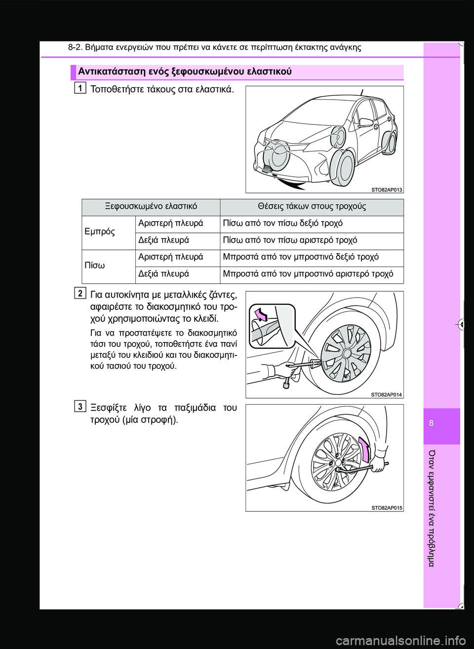 TOYOTA YARIS 2015  ΟΔΗΓΌΣ ΧΡΉΣΗΣ (in Greek) 8-2. Βήματα ενεργειών που πρέπει να κάνετε σε περίπτωση έκτακτης ανάγκης
8
Όταν
 εμφανιστεί
 ένα
 πρόβλημα
Τοποθ