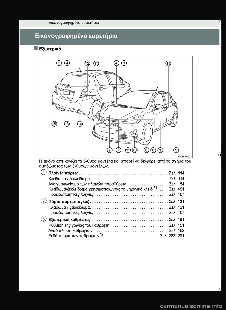 TOYOTA YARIS 2015  ΟΔΗΓΌΣ ΧΡΉΣΗΣ (in Greek) Εικονογραφημένο ευρετήριο
Εικονογραφημένο ευρετήριο
Εξωτερικό
Η εικόνα απεικονίζει τα 5-θυρα μοντέλα και 