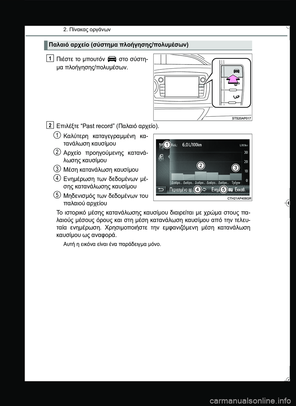 TOYOTA YARIS 2015  ΟΔΗΓΌΣ ΧΡΉΣΗΣ (in Greek) 2. Πίνακας οργάνων
Πιέστε το μπουτόν  στο σύστη-
μα πλοήγησης/πολυμέσων.
Επιλέξτε “Past record” (Παλαιό αρχείο).
Καλ