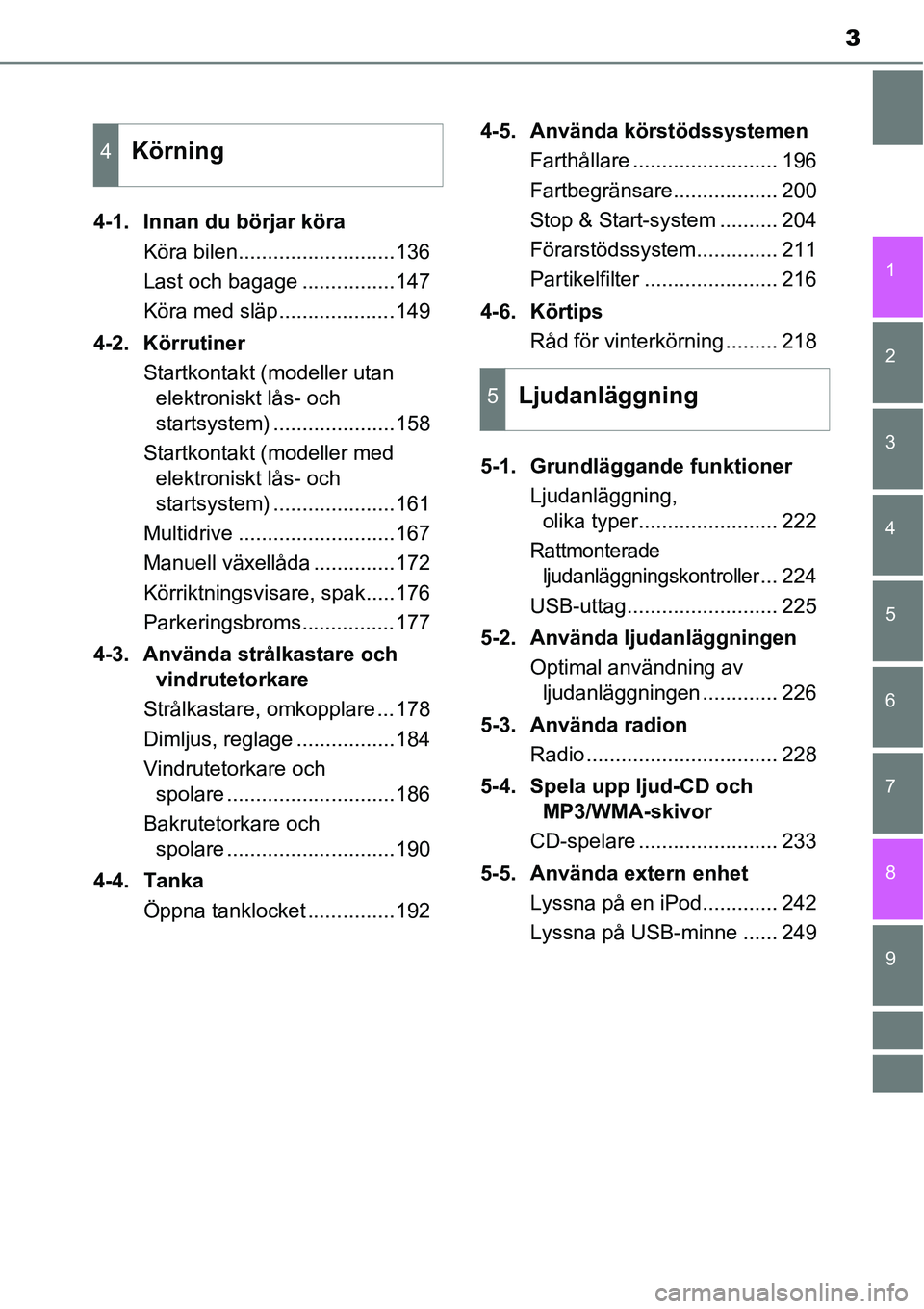 TOYOTA YARIS 2015 Bruksanvisningar (in Swedish) 3
1
7
8 6 5
4
3
2
9
4-1. Innan du börjar köra
Köra bilen...........................136
Last och bagage ................147
Köra med släp....................149
4-2. Körrutiner
Startkontakt (mode TOYOTA YARIS 2015 Bruksanvisningar (in Swedish) 3
1
7
8 6 5
4
3
2
9
4-1. Innan du börjar köra
Köra bilen...........................136
Last och bagage ................147
Köra med släp....................149
4-2. Körrutiner
Startkontakt (mode