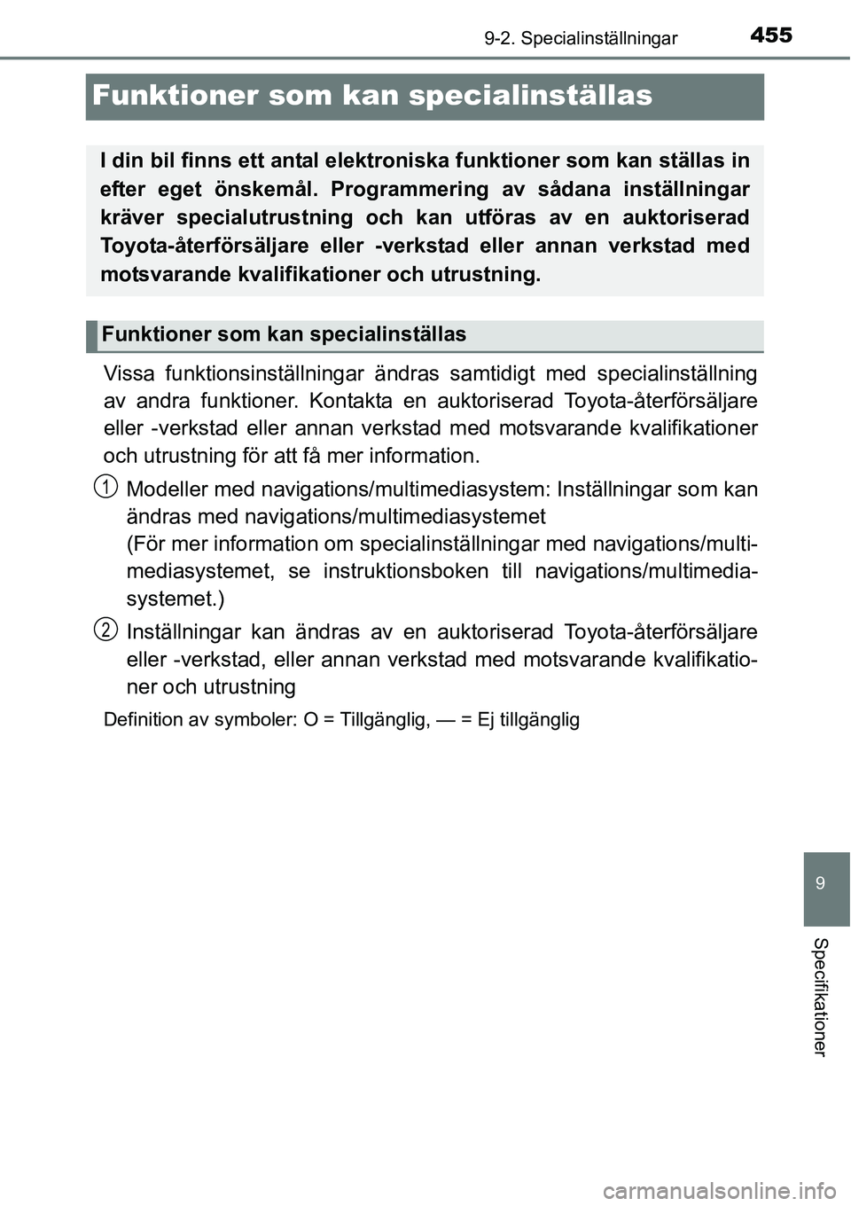 TOYOTA YARIS 2015  Bruksanvisningar (in Swedish) 4559-2. Specialinställningar
9
Specifikationer
Funktioner som kan specialinställas
Vissa funktionsinställningar ändras samtidigt med specialinställning
av andra funktioner. Kontakta en auktoriser