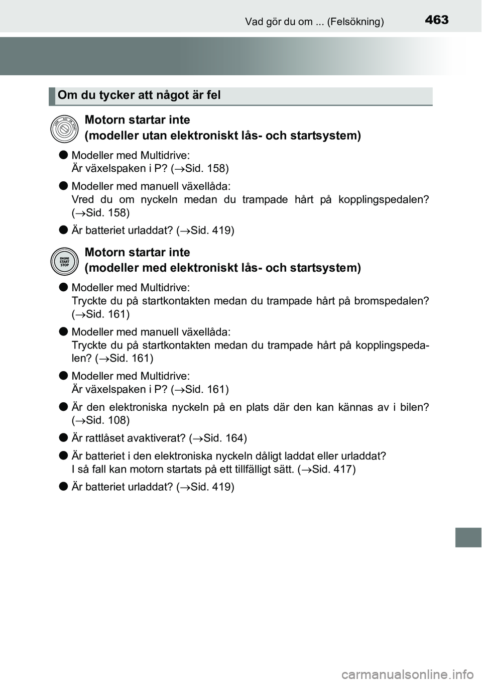 TOYOTA YARIS 2015 Bruksanvisningar (in Swedish) 463Vad gör du om ... (Felsökning)
●Modeller med Multidrive:
Är växelspaken i P? (→Sid. 158)
●Modeller med manuell växellåda:
Vred du om nyckeln medan du trampade hårt på kopplingspedal TOYOTA YARIS 2015 Bruksanvisningar (in Swedish) 463Vad gör du om ... (Felsökning)
●Modeller med Multidrive:
Är växelspaken i P? (→Sid. 158)
●Modeller med manuell växellåda:
Vred du om nyckeln medan du trampade hårt på kopplingspedal