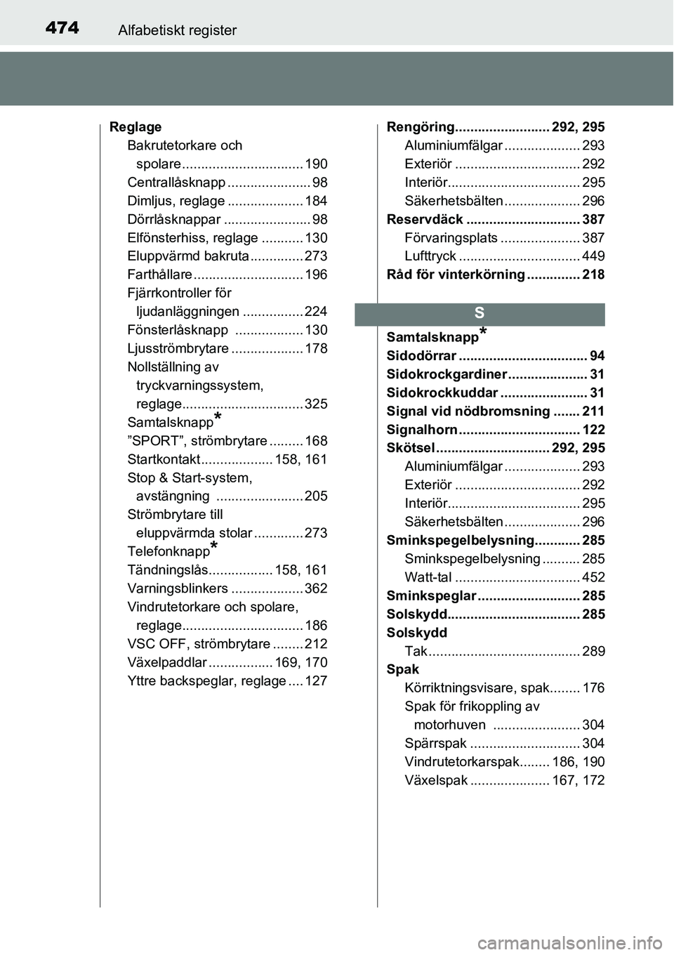 TOYOTA YARIS 2015 Bruksanvisningar (in Swedish) 474Alfabetiskt register
Reglage
Bakrutetorkare och
spolare ................................ 190
Centrallåsknapp ...................... 98
Dimljus, reglage .................... 184
Dörrlåsknappar . TOYOTA YARIS 2015 Bruksanvisningar (in Swedish) 474Alfabetiskt register
Reglage
Bakrutetorkare och
spolare ................................ 190
Centrallåsknapp ...................... 98
Dimljus, reglage .................... 184
Dörrlåsknappar .