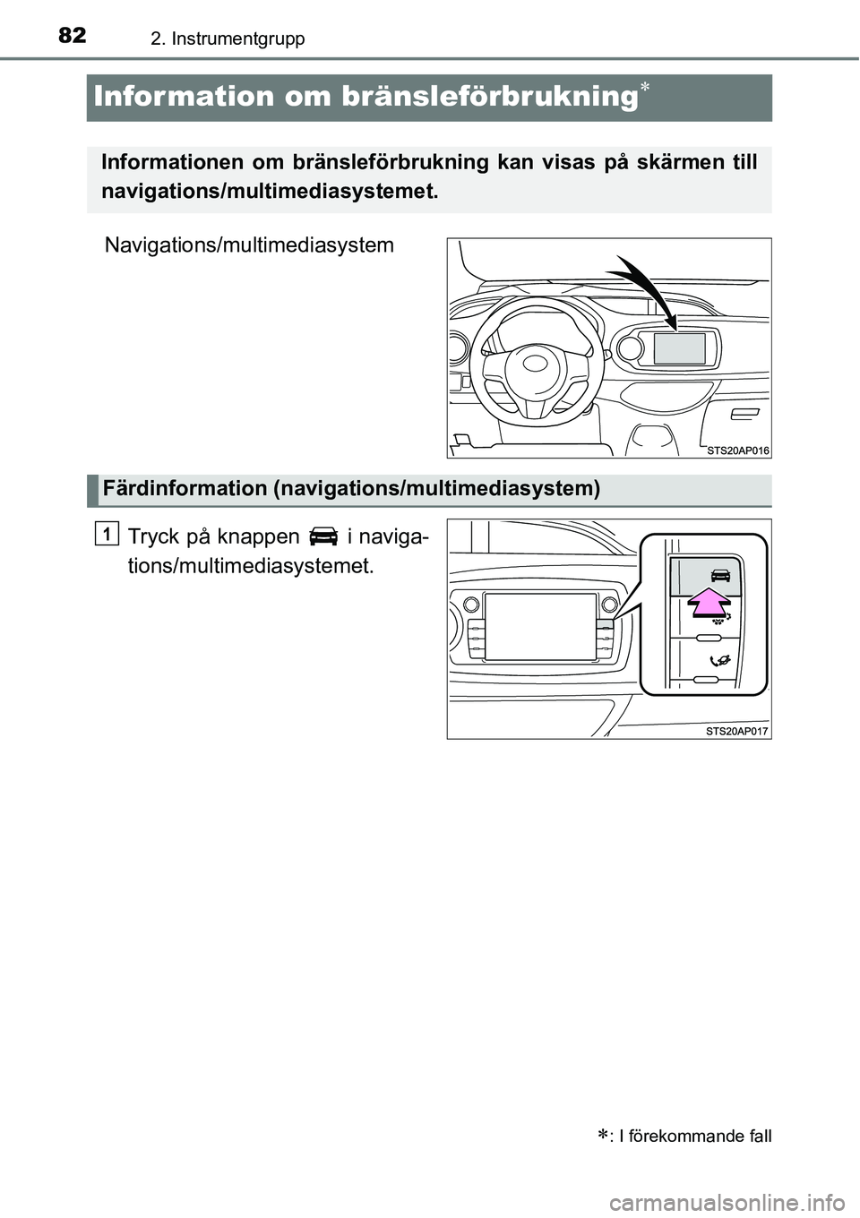 TOYOTA YARIS 2015  Bruksanvisningar (in Swedish) 822. Instrumentgrupp
Information om bränsleförbrukning∗
Navigations/multimediasystem
Tryck på knappen   i naviga-
tions/multimediasystemet.
∗: I förekommande fall
Informationen om bränsleför