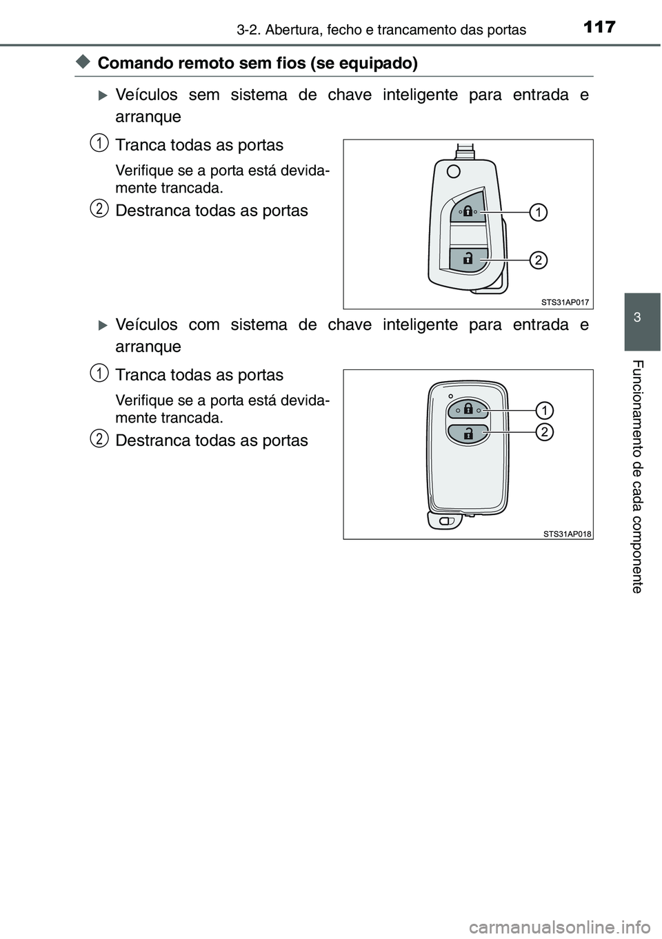 TOYOTA YARIS 2016  Manual de utilização (in Portuguese) 1173-2. Abertura, fecho e trancamento das portas
3
Funcionamento de cada componente
◆Comando remoto sem fios (se equipado)
�XVeículos sem sistema de chave inteligente para entrada e
arranque
Tranca