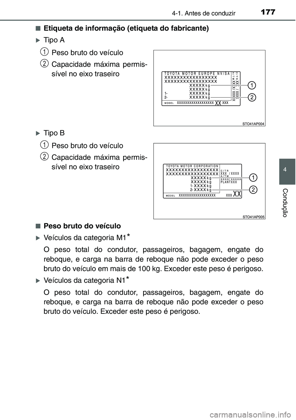TOYOTA YARIS 2016  Manual de utilização (in Portuguese) 1774-1. Antes de conduzir
4
Condução
■Etiqueta de informação (etiqueta do fabricante)
�XTipo A
Peso bruto do veículo
Capacidade máxima permis-
sível no eixo traseiro
�XTipo B
Peso bruto do ve