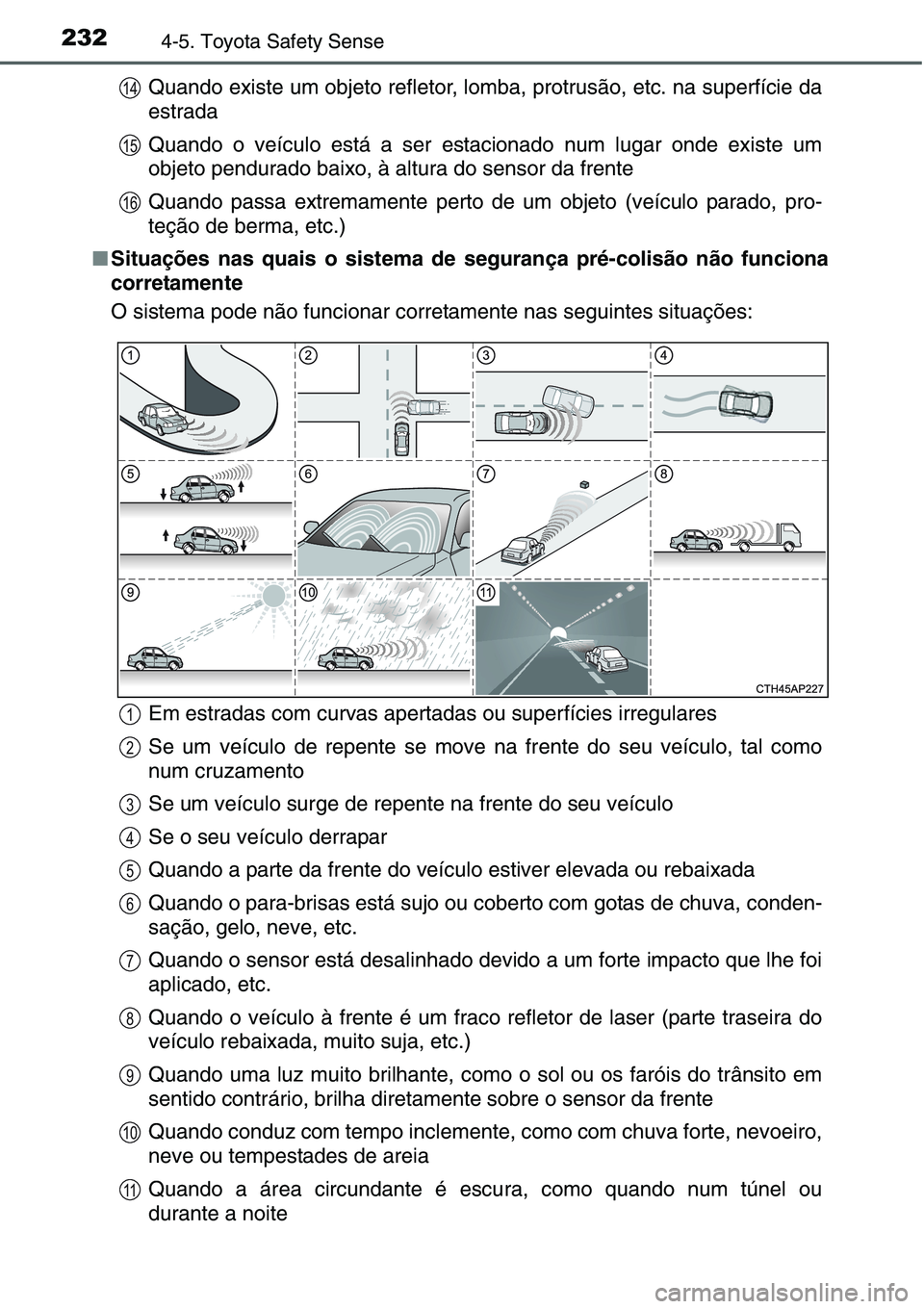 TOYOTA YARIS 2016 Manual de utilização (in Portuguese) 2324-5. Toyota Safety Sense
Quando existe um objeto refletor, lomba, protrusão, etc. na superfície da
estrada
Quando o veículo está a ser estacionado num lugar onde existe um
objeto pendurado baix TOYOTA YARIS 2016 Manual de utilização (in Portuguese) 2324-5. Toyota Safety Sense
Quando existe um objeto refletor, lomba, protrusão, etc. na superfície da
estrada
Quando o veículo está a ser estacionado num lugar onde existe um
objeto pendurado baix